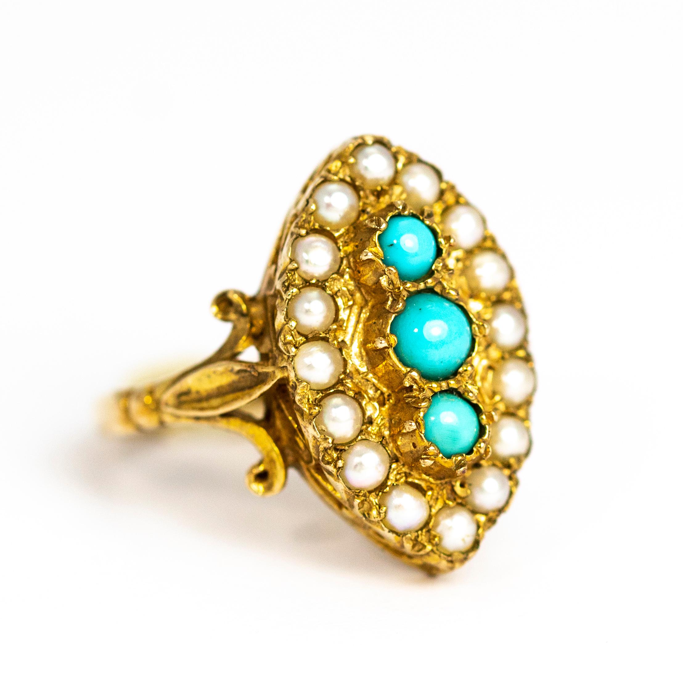 Vintage Turquoise and Pearl 9 Carat Gold Navette Ring 2