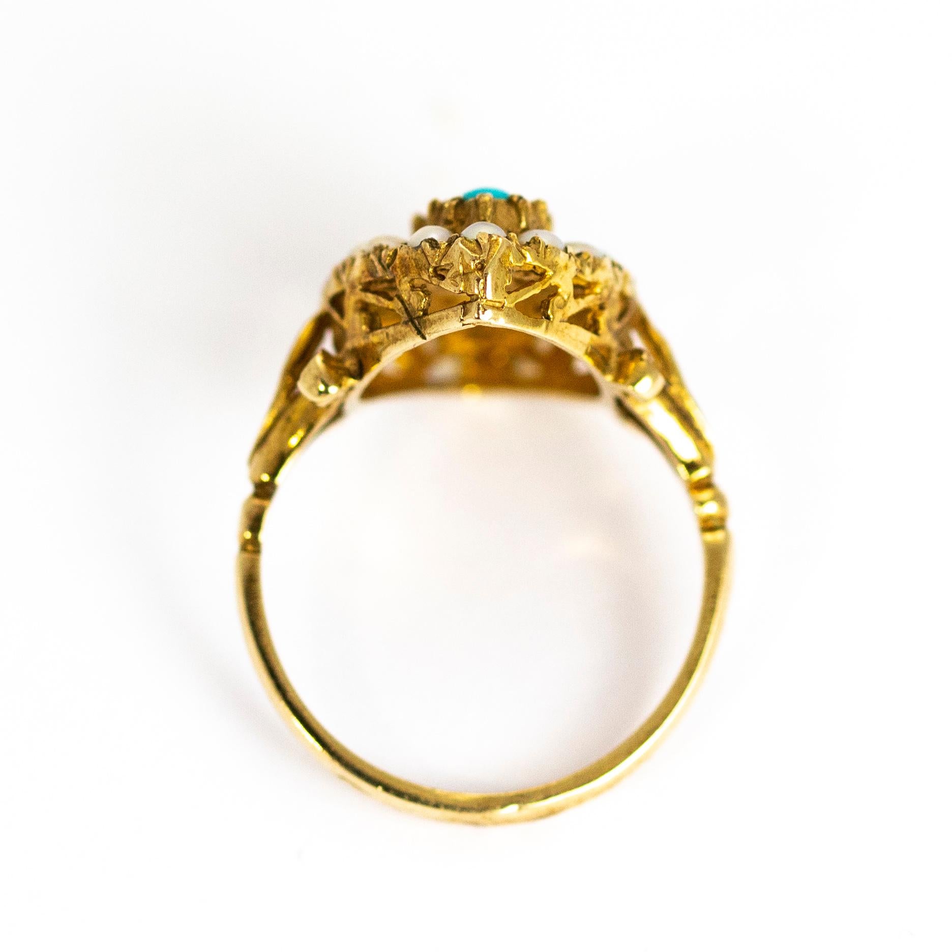 Vintage Turquoise and Pearl 9 Carat Gold Navette Ring 3
