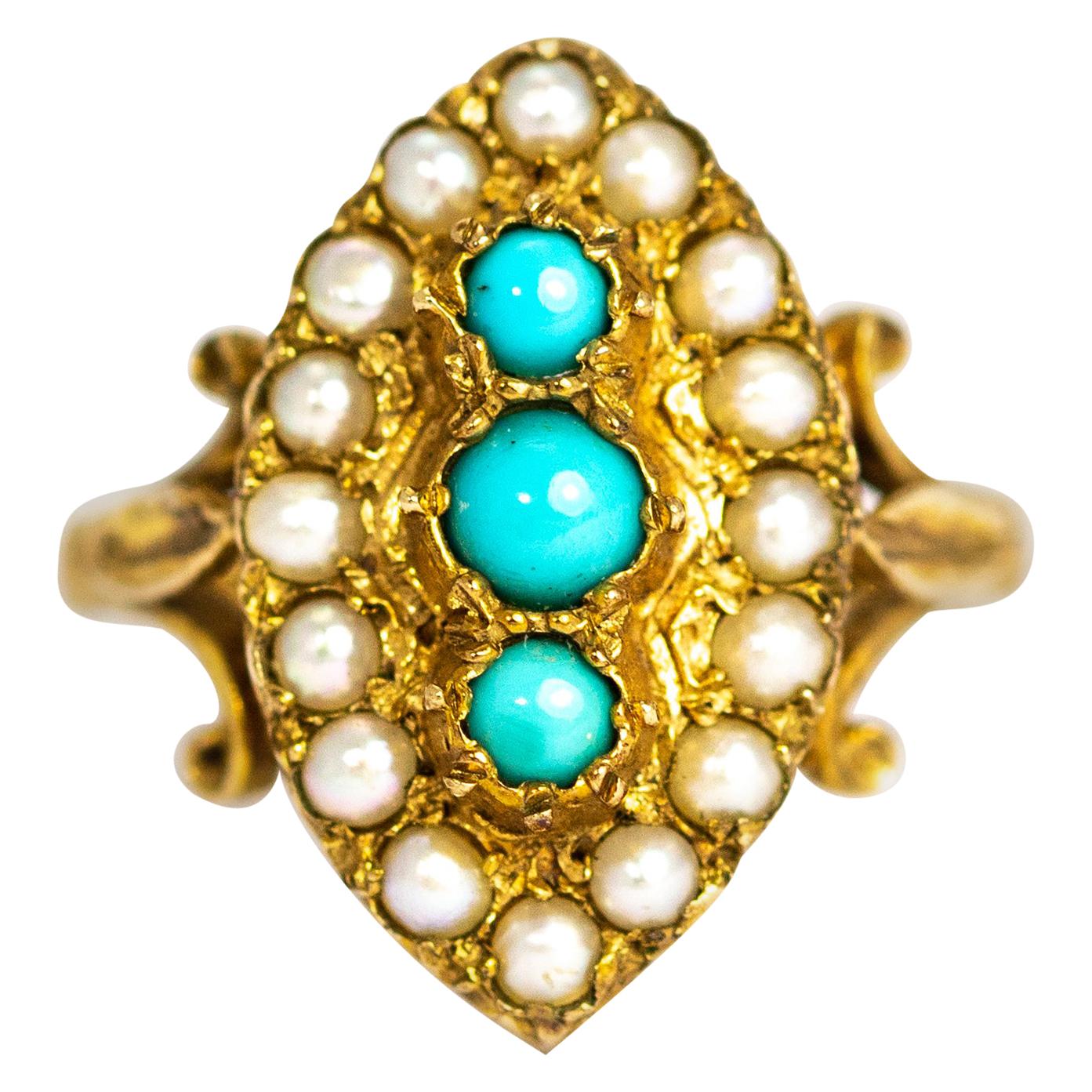 Vintage Turquoise and Pearl 9 Carat Gold Navette Ring