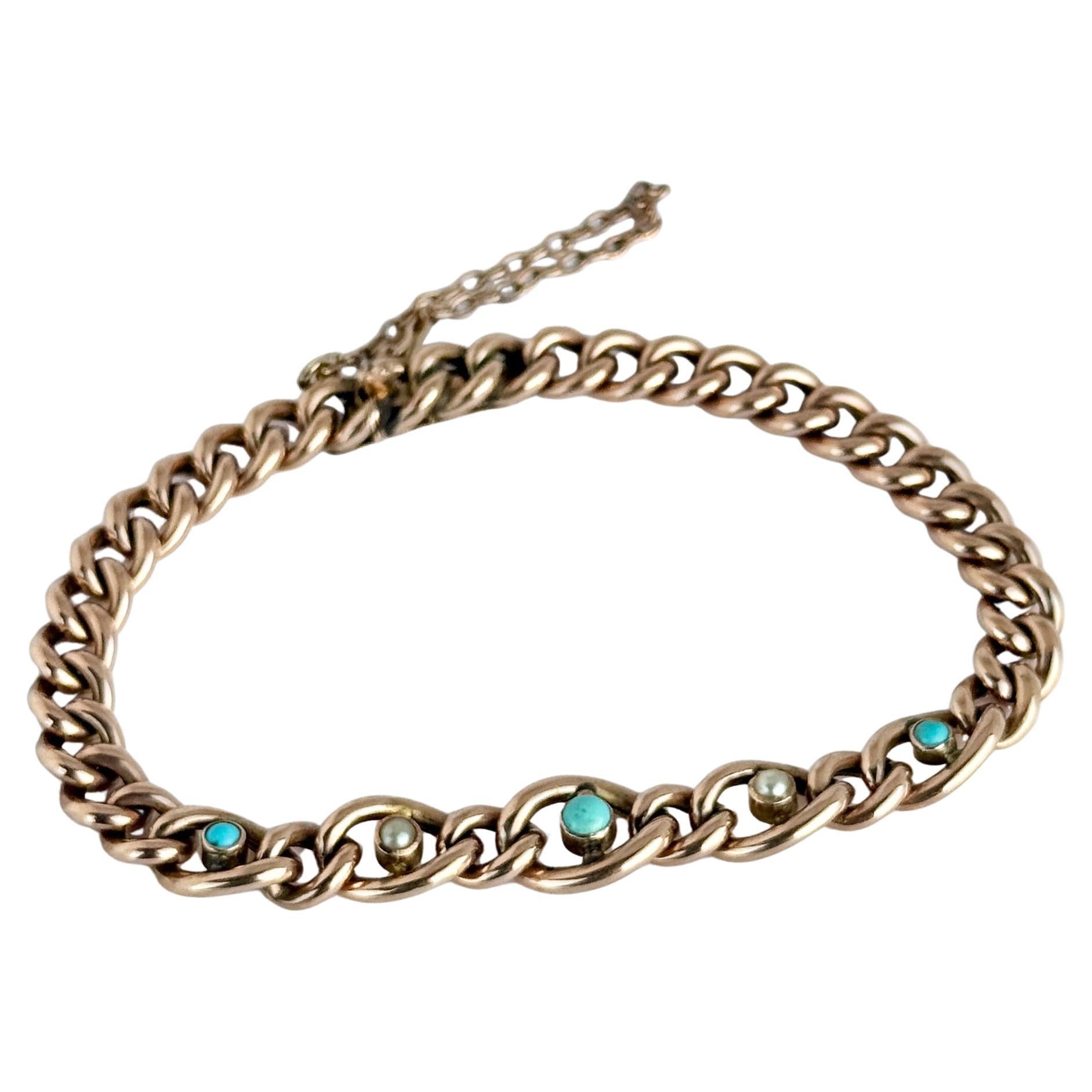 Bracciale vintage con turchese e perle in oro rosa a 9 carati