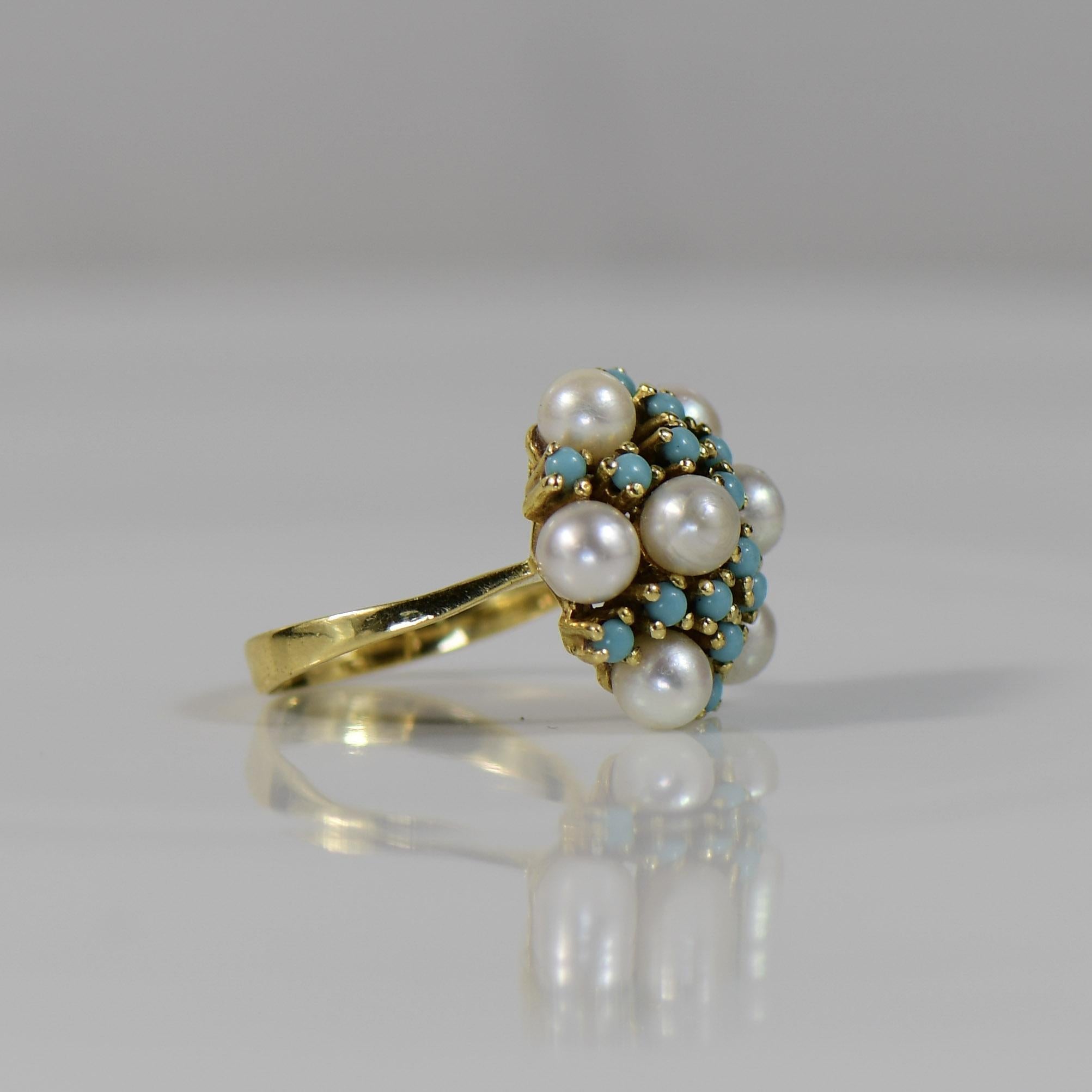 Vintage Turquoise and Pearl Cluster High Karat Gold 18K+ Ring For Sale 5