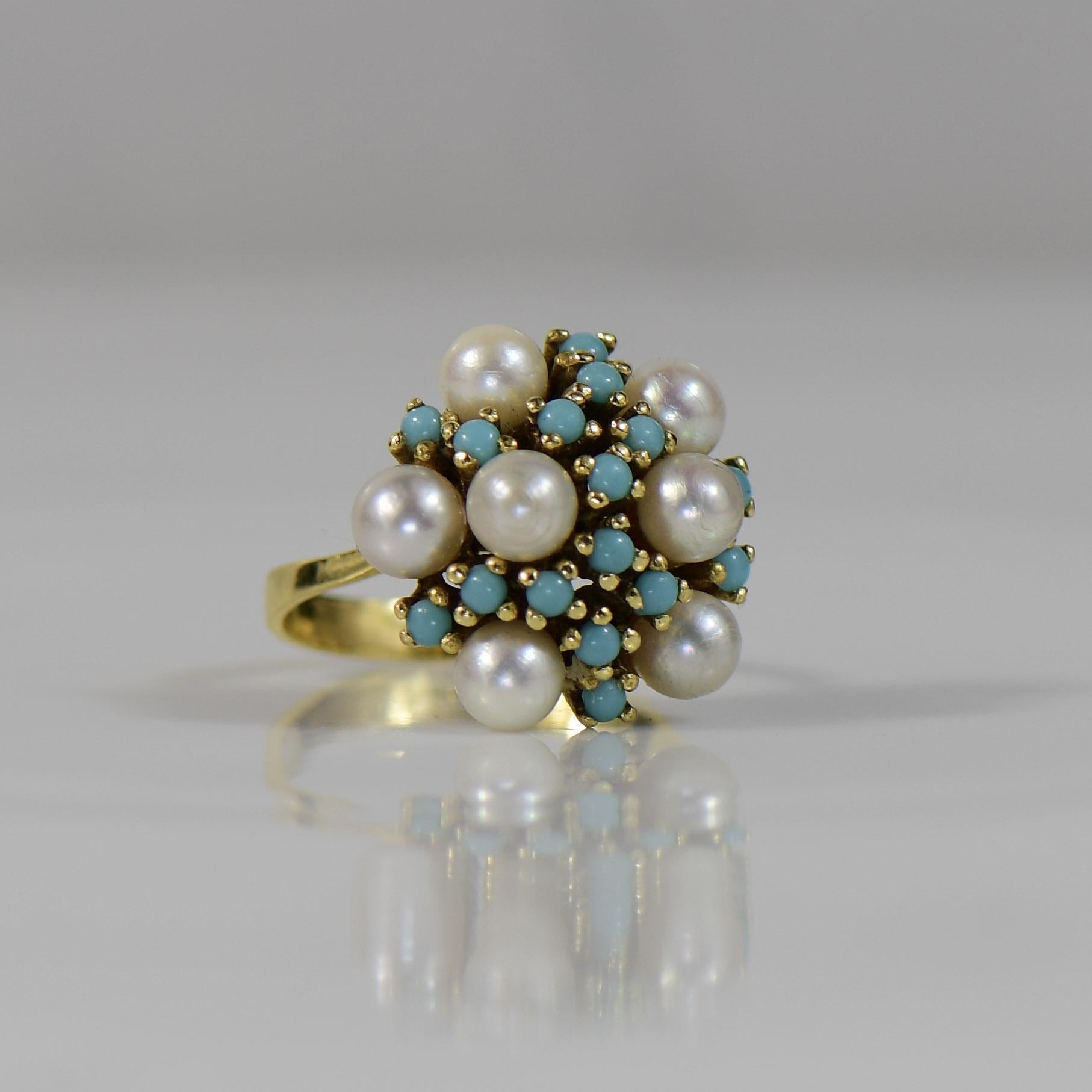 Ball Cut Vintage Turquoise and Pearl Cluster High Karat Gold 18K+ Ring For Sale