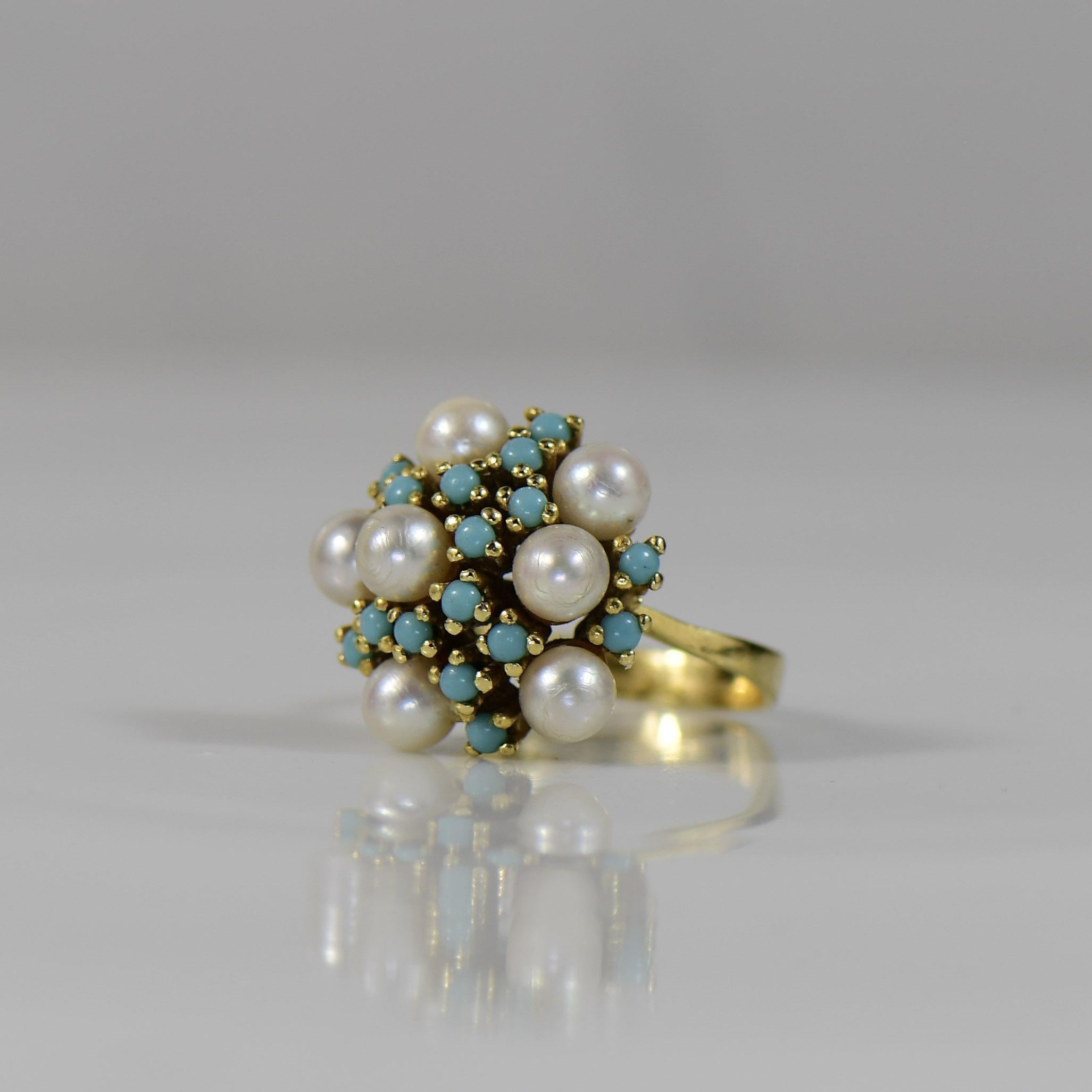 Women's Vintage Turquoise and Pearl Cluster High Karat Gold 18K+ Ring For Sale