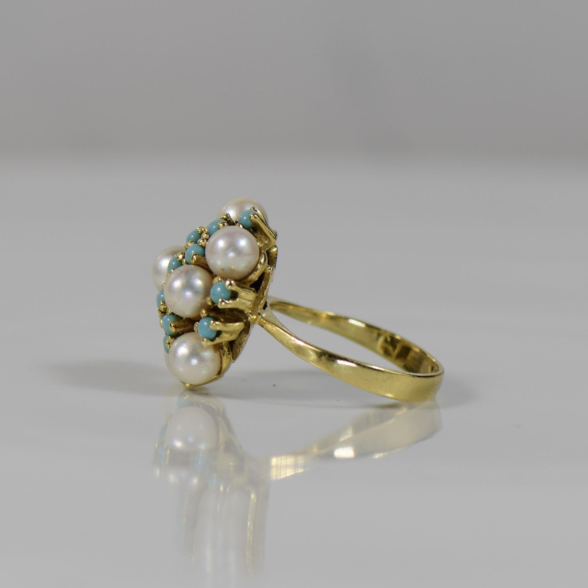 Vintage Turquoise and Pearl Cluster High Karat Gold 18K+ Ring For Sale 2