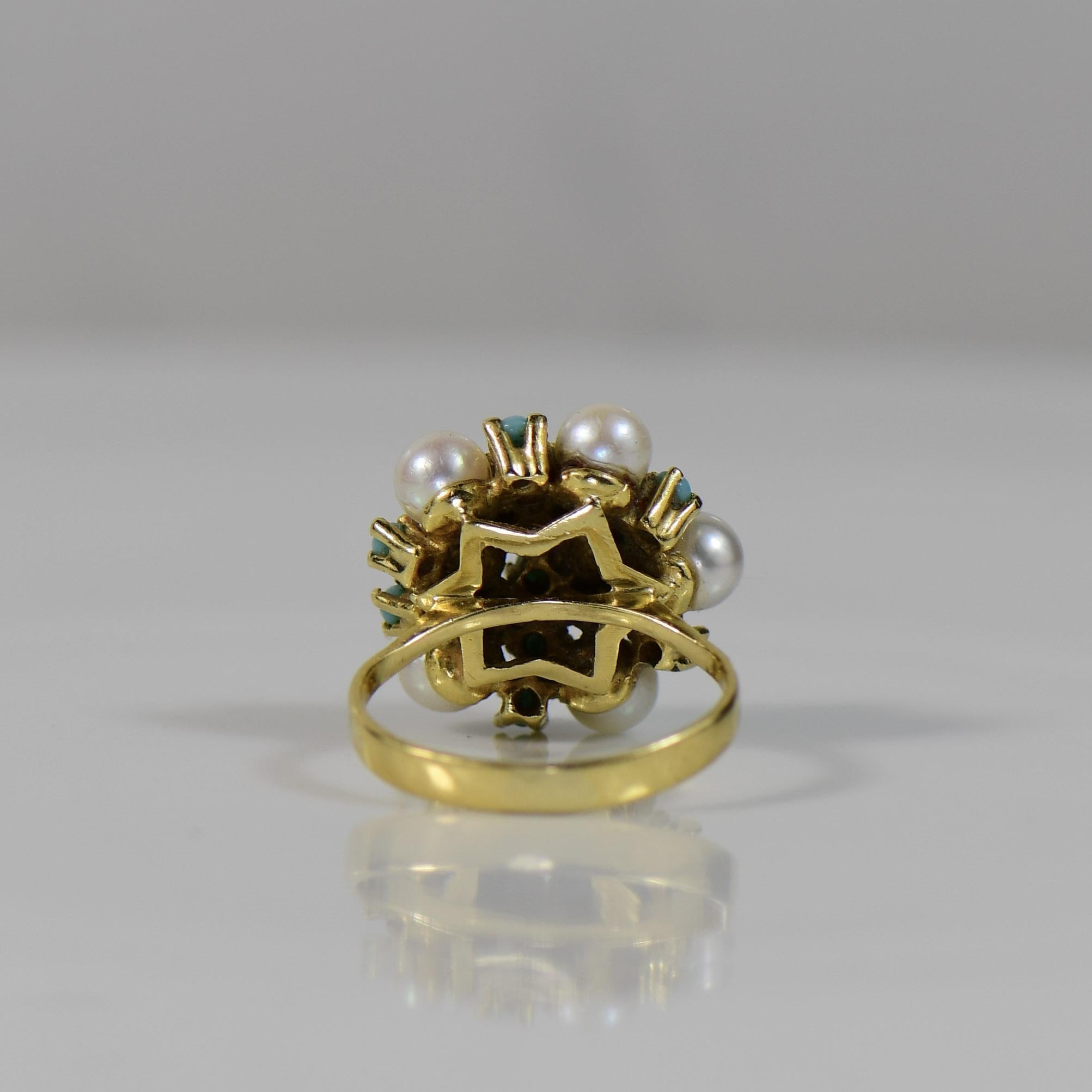 Vintage Turquoise and Pearl Cluster High Karat Gold 18K+ Ring For Sale 3