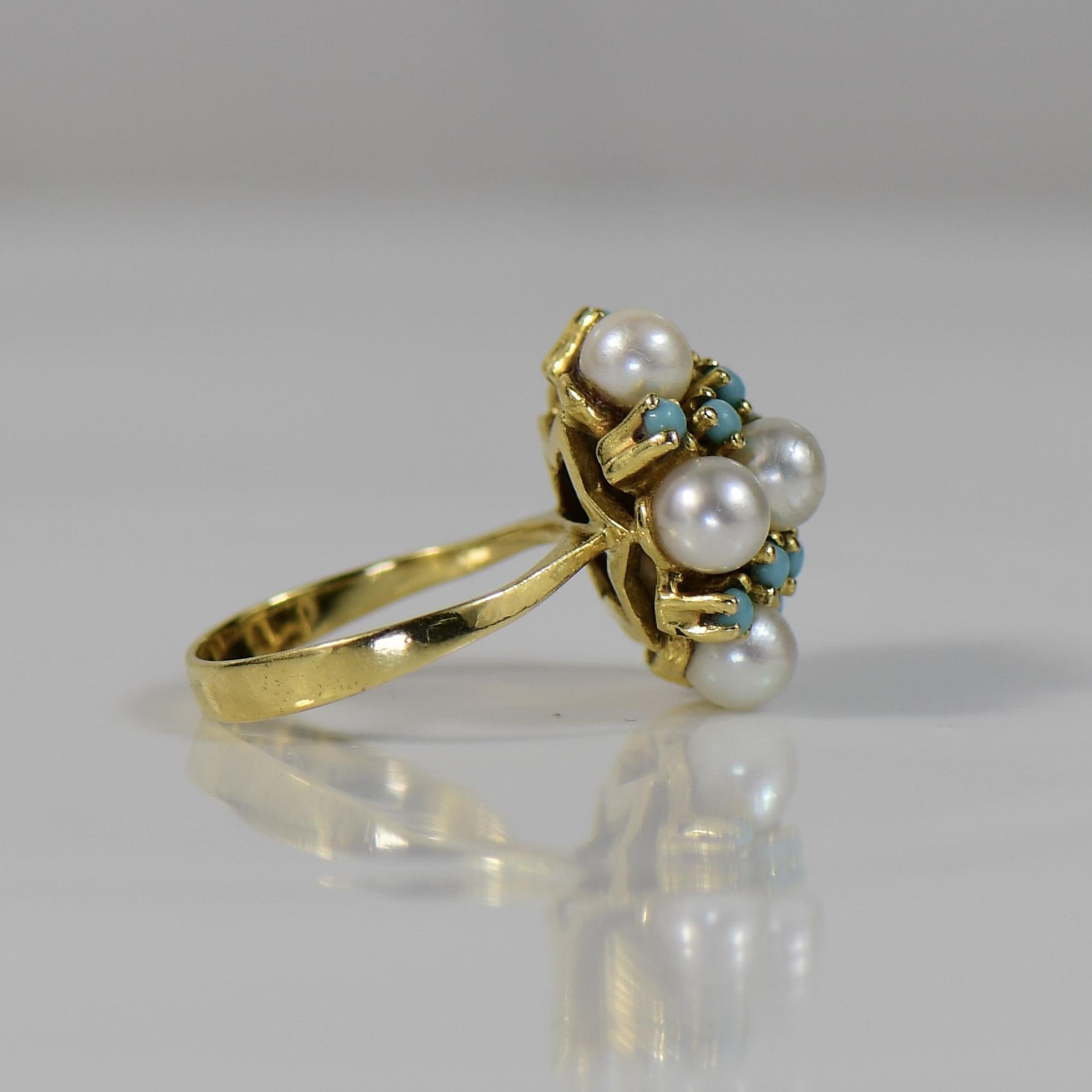 Vintage Turquoise and Pearl Cluster High Karat Gold 18K+ Ring For Sale 4