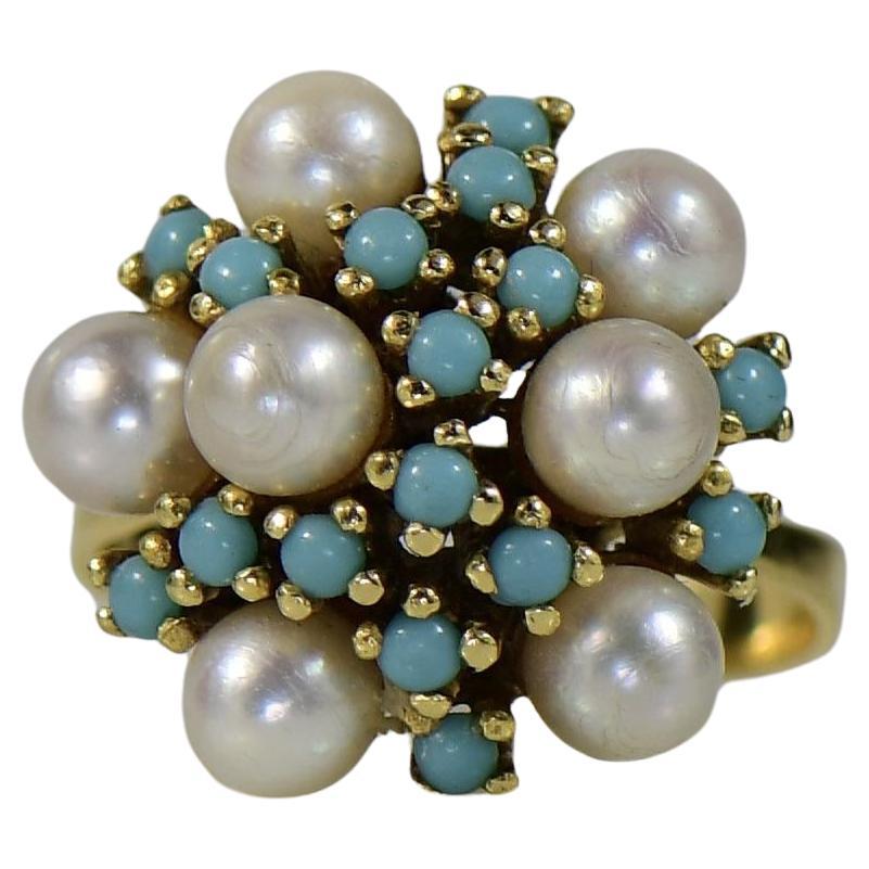 Vintage Turquoise and Pearl Cluster High Karat Gold 18K+ Ring For Sale