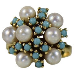 Used Turquoise and Pearl Cluster High Karat Gold 18K+ Ring