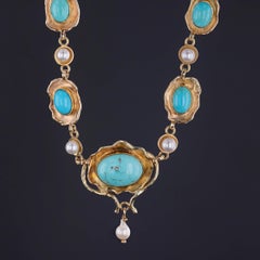 Vintage Turquoise and Pearl Necklace of 14k Gold, Circa 1960