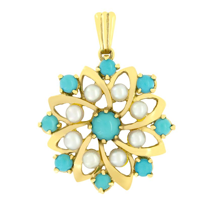 Victorian Vintage Turquoise and Pearl Pendant, hallmarked 1970