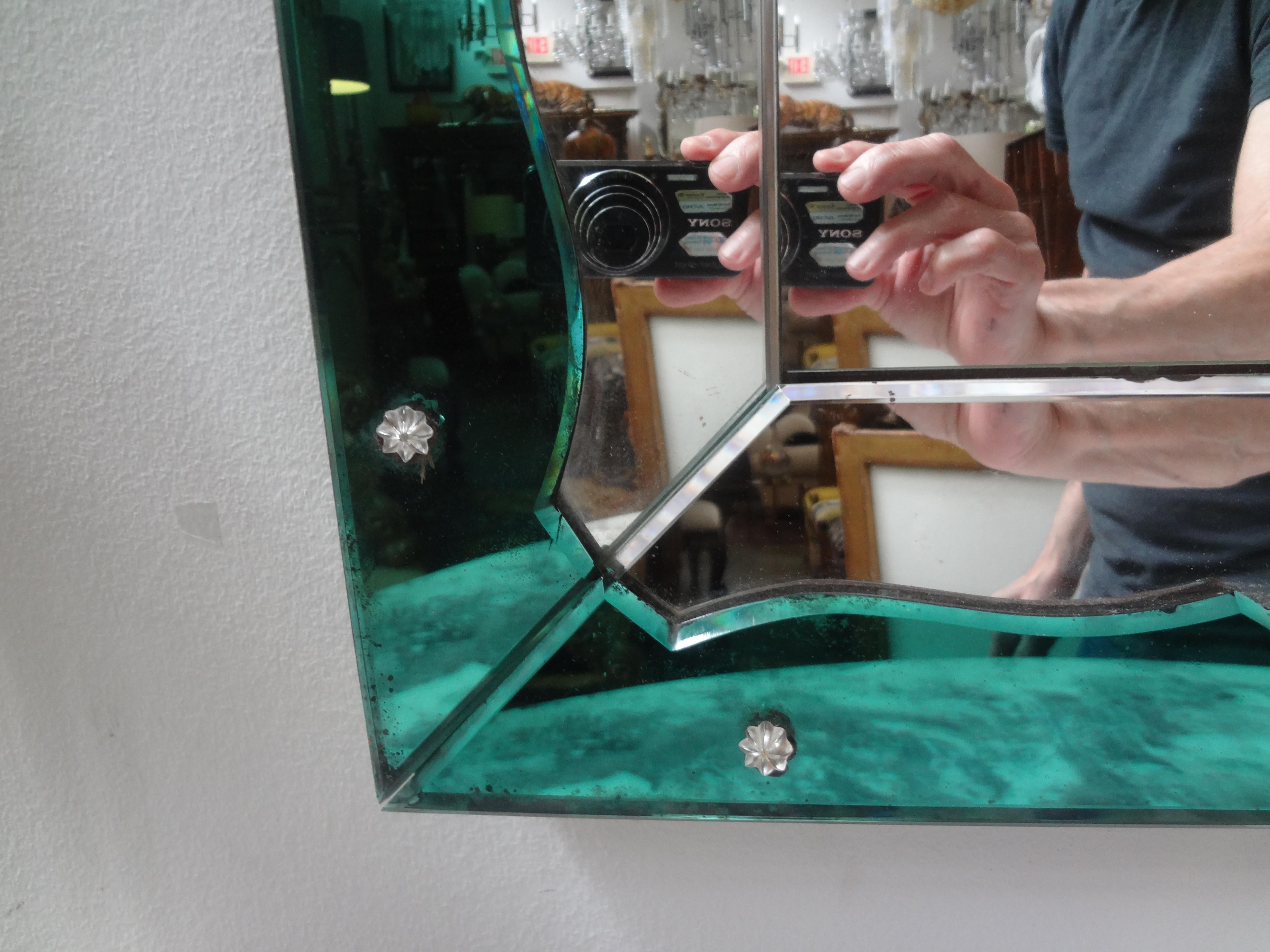 Italian Vintage Turquoise and Silver Venetian Mirror After Fontana Arte For Sale
