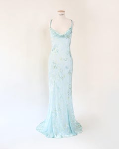 Vintage turquoise beaded silk sheer floral layered wedding slip dress gown M L