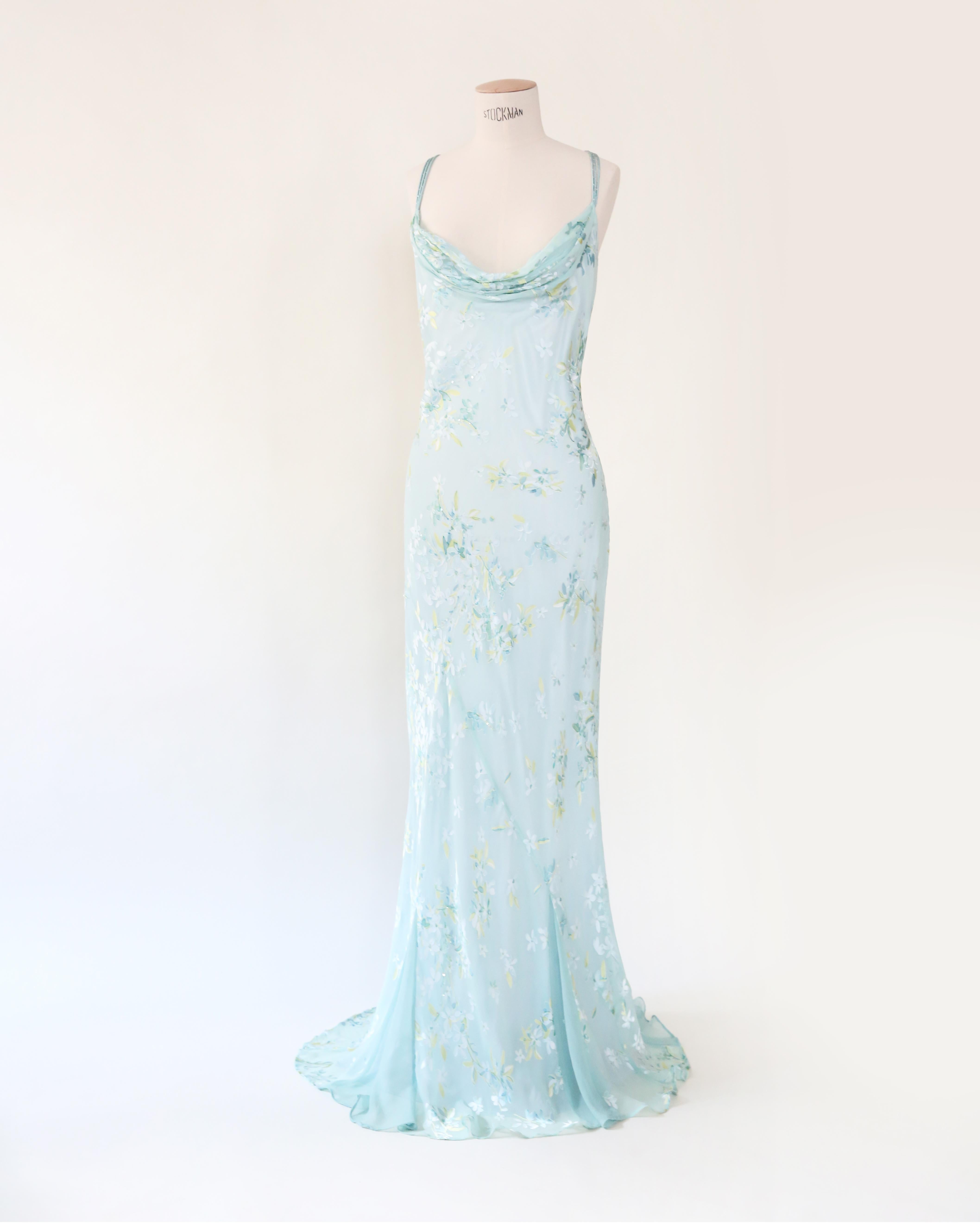 Vintage turquesa de cuentas de seda pura floral en capas vestido de novia slip vestido M L en Excelente estado para la venta en Milano, Lombardia