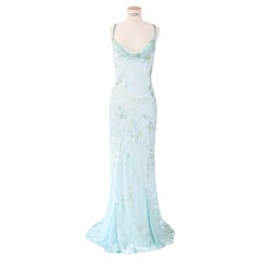 Vintage turquoise beaded silk sheer floral layered wedding slip dress gown M L