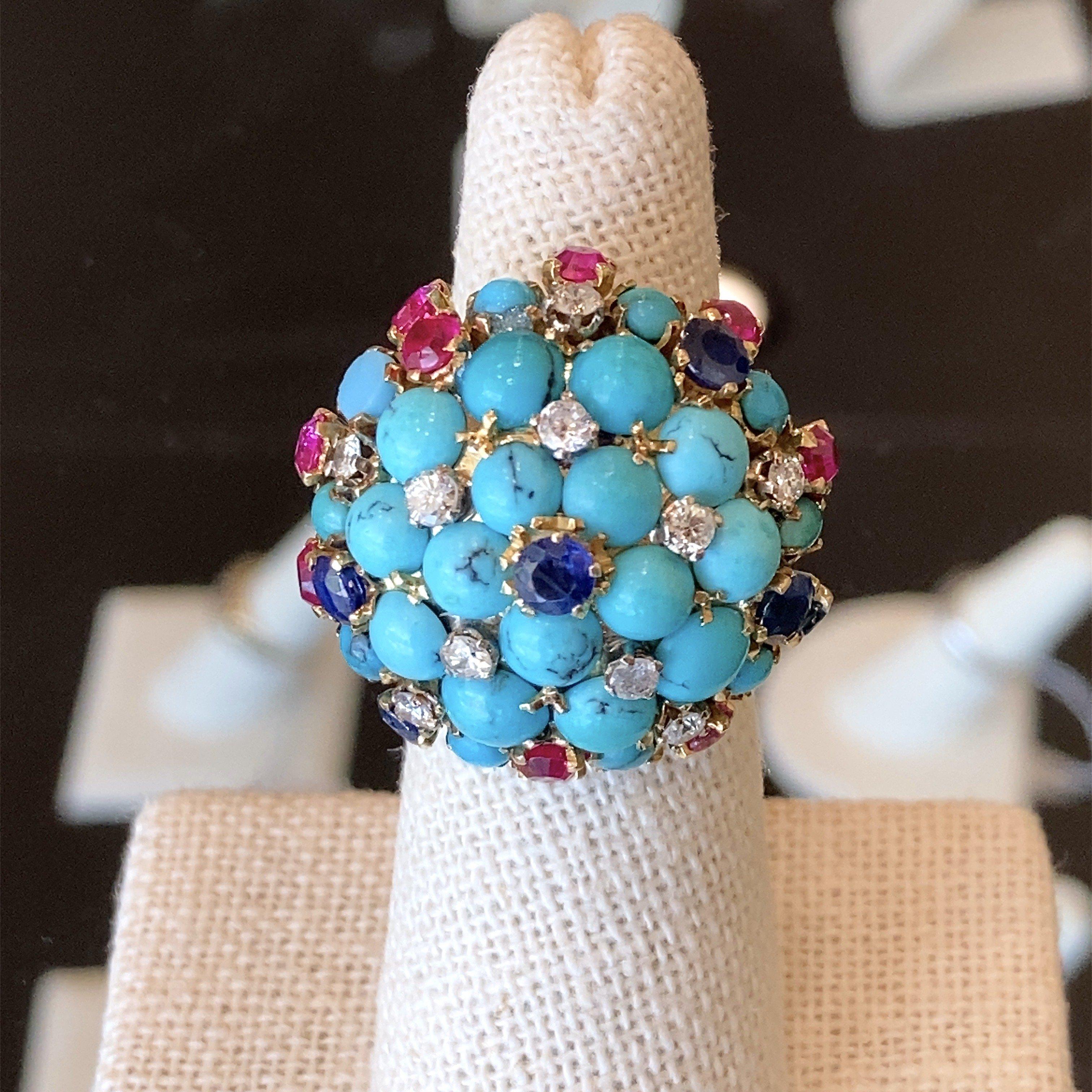 Vintage Turquoise Bombe Ring with Diamonds, Sapphires and Rubies For Sale 5