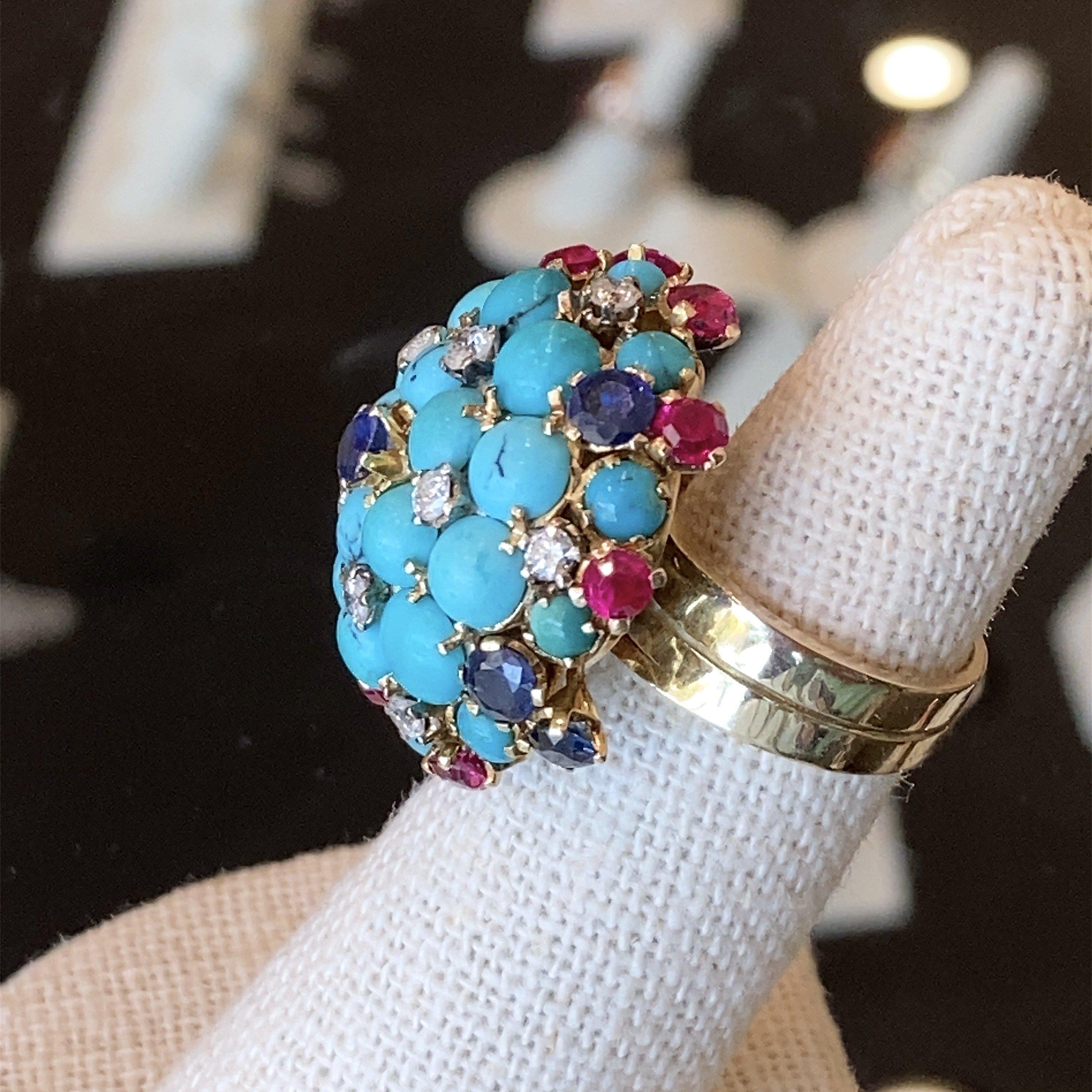 Vintage Turquoise Bombe Ring with Diamonds, Sapphires and Rubies For Sale 6