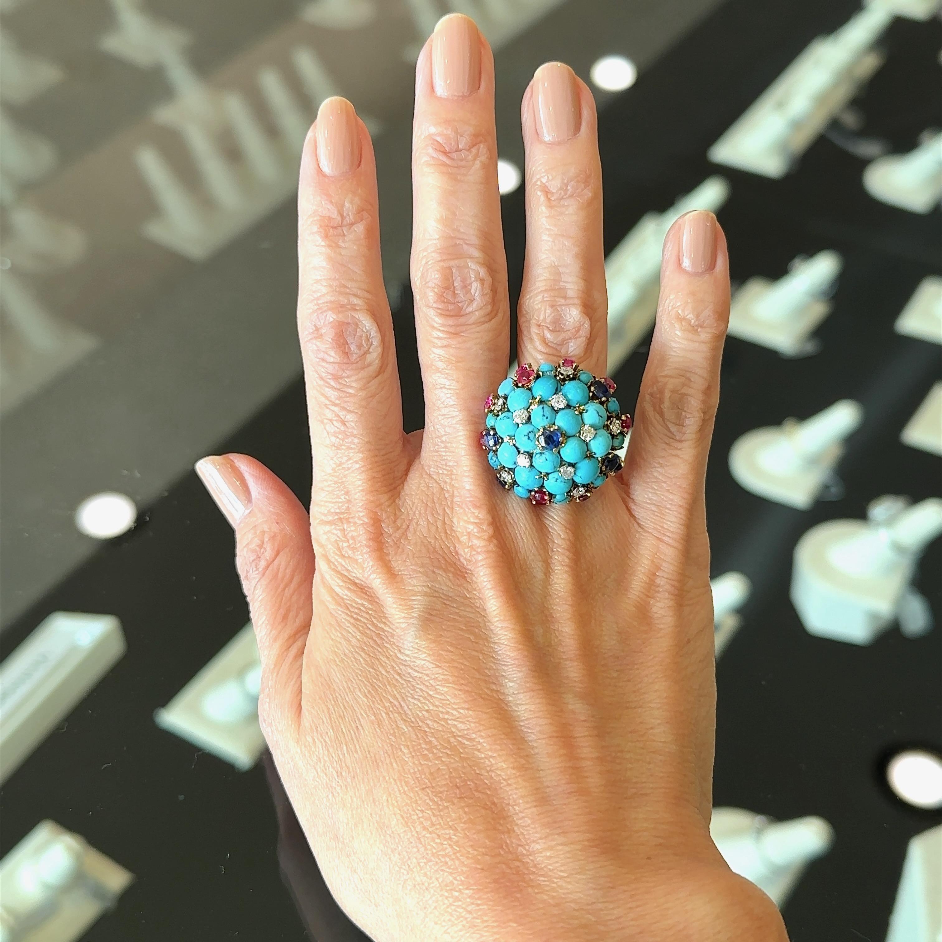 Round Cut Vintage Turquoise Bombe Ring with Diamonds, Sapphires and Rubies For Sale