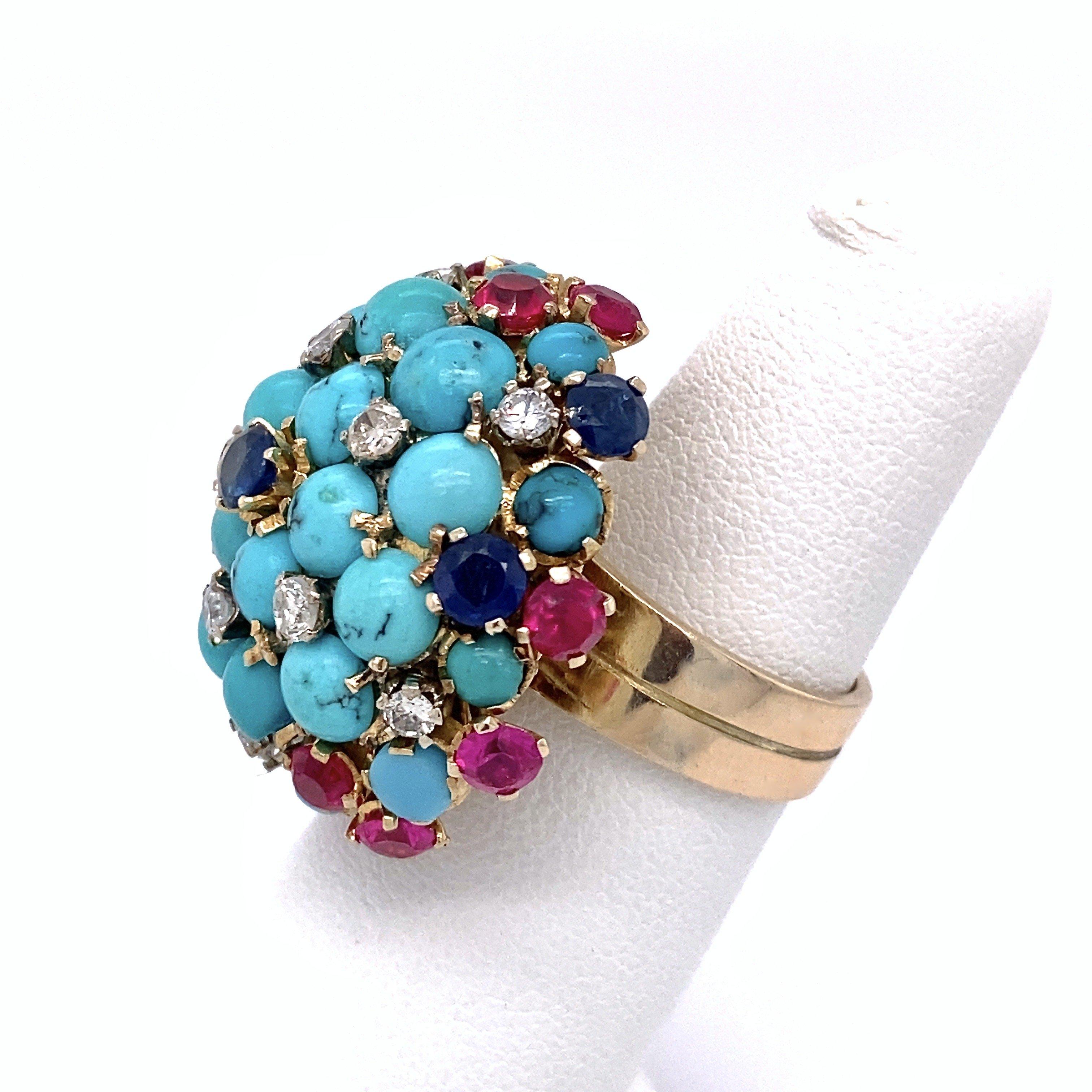 Vintage Turquoise Bombe Ring with Diamonds, Sapphires and Rubies In Good Condition For Sale In Los Angeles, CA