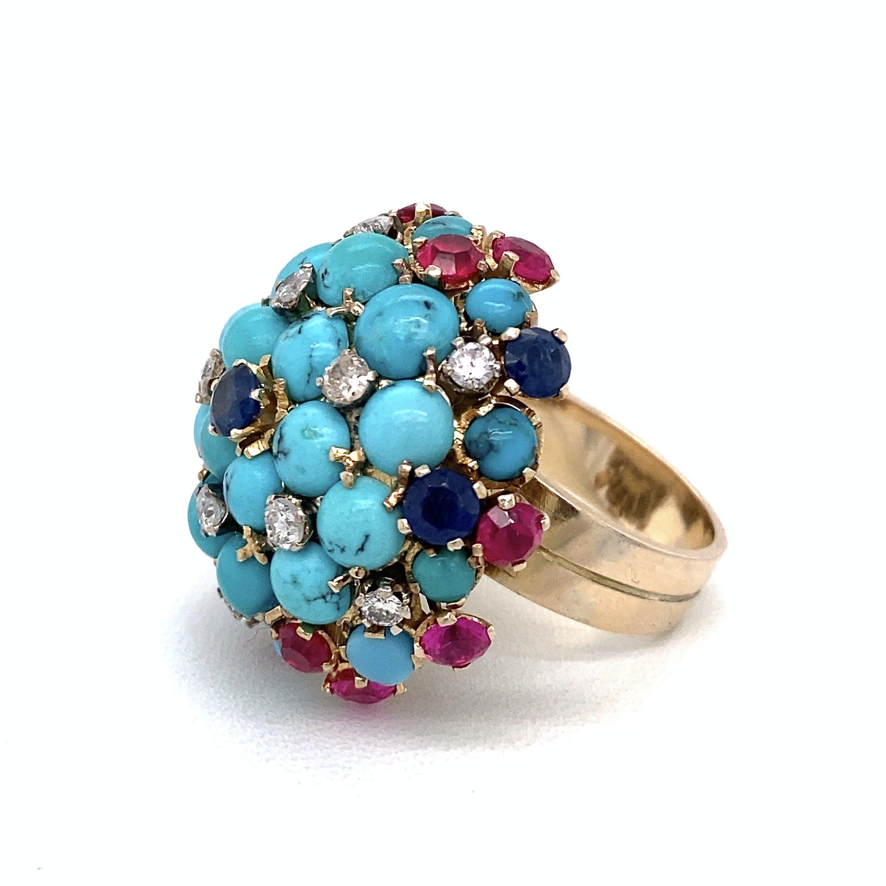 Women's Vintage Turquoise Bombe Ring with Diamonds, Sapphires and Rubies For Sale