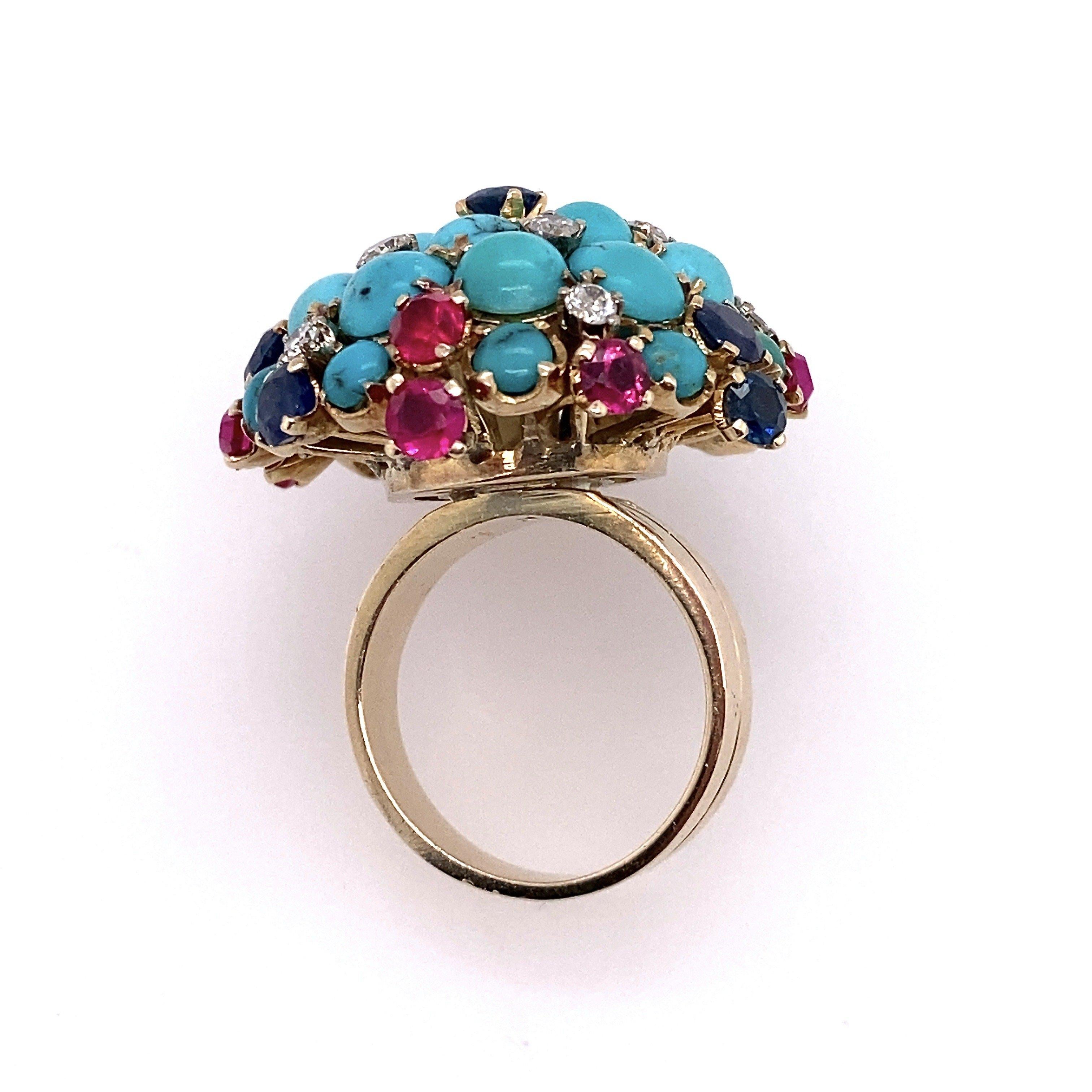 Vintage Turquoise Bombe Ring with Diamonds, Sapphires and Rubies For Sale 1