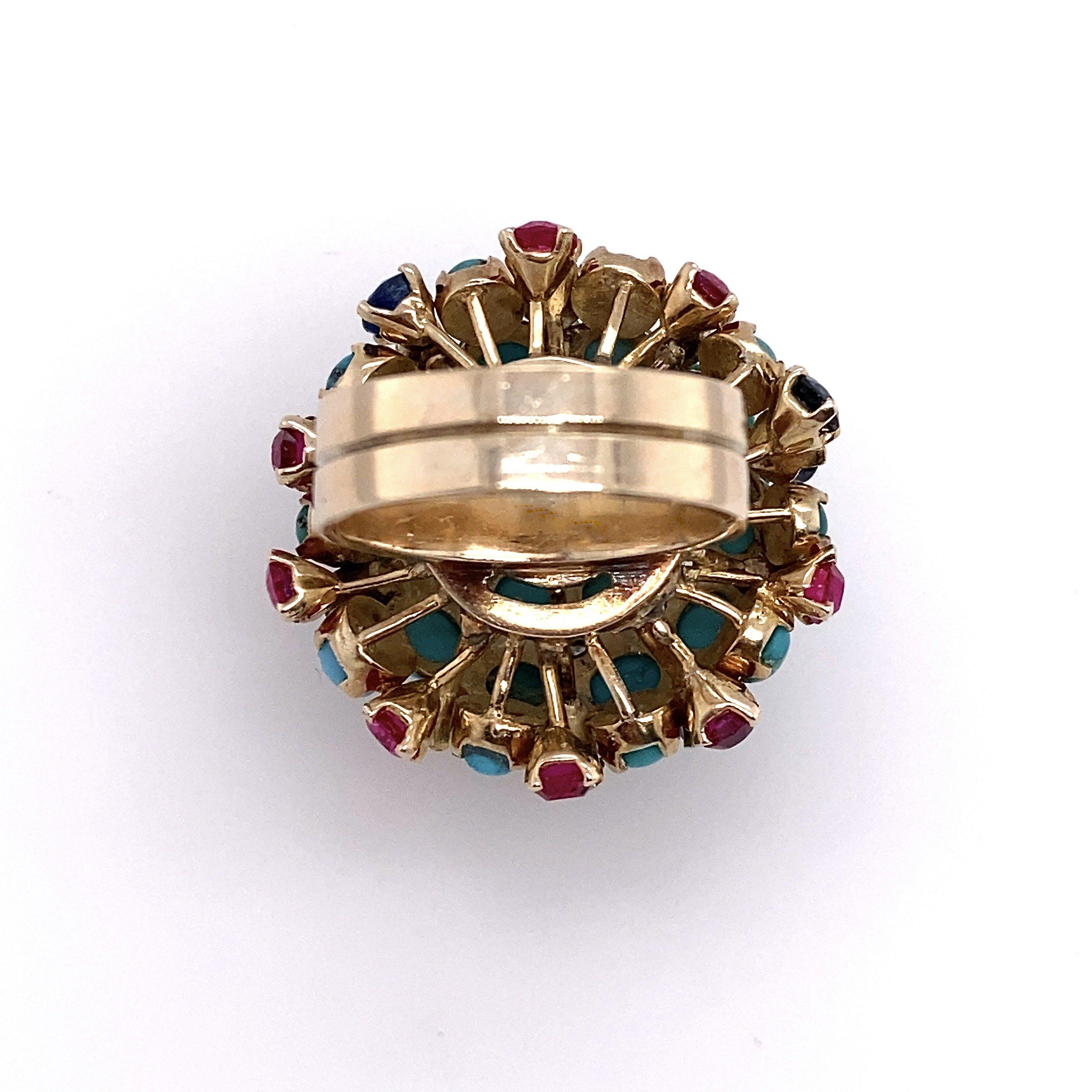Vintage Turquoise Bombe Ring with Diamonds, Sapphires and Rubies For Sale 2