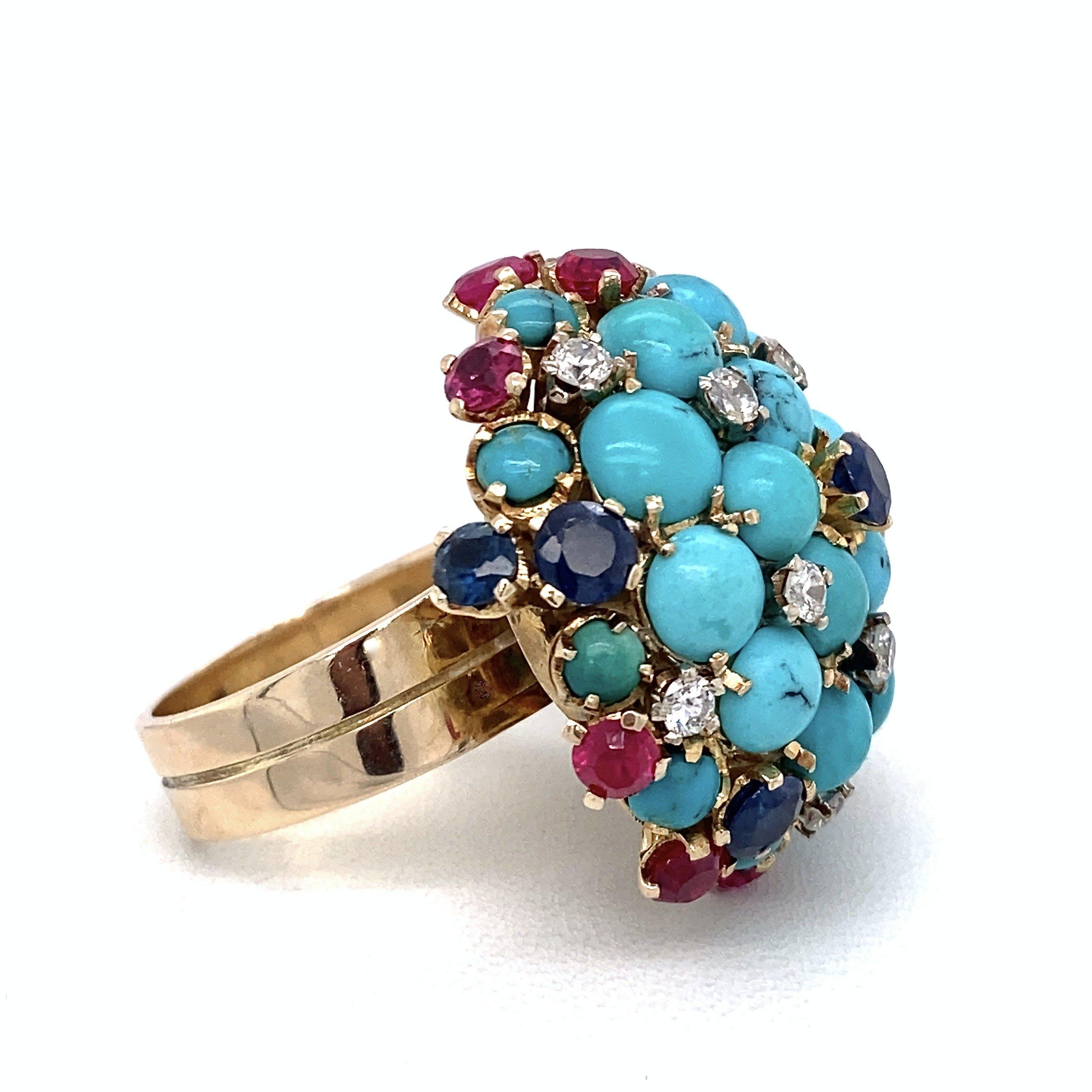 Vintage Turquoise Bombe Ring with Diamonds, Sapphires and Rubies For Sale 3