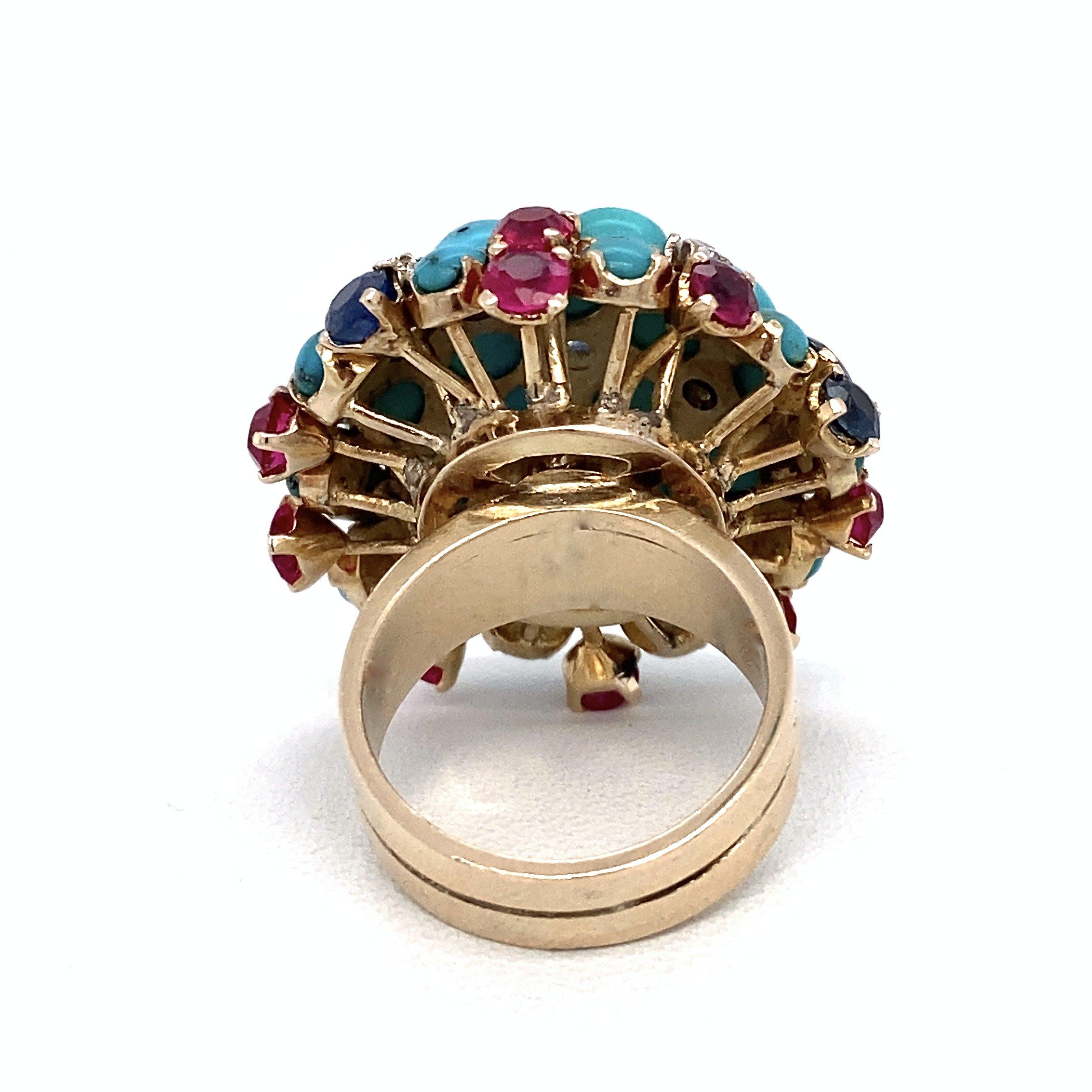 Vintage Turquoise Bombe Ring with Diamonds, Sapphires and Rubies For Sale 4