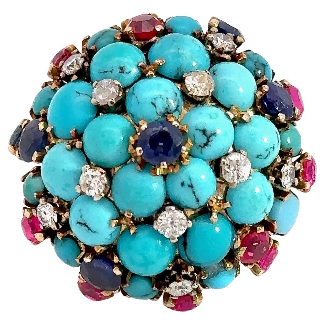 Vintage Turquoise Bombe Ring with Diamonds, Sapphires and Rubies
