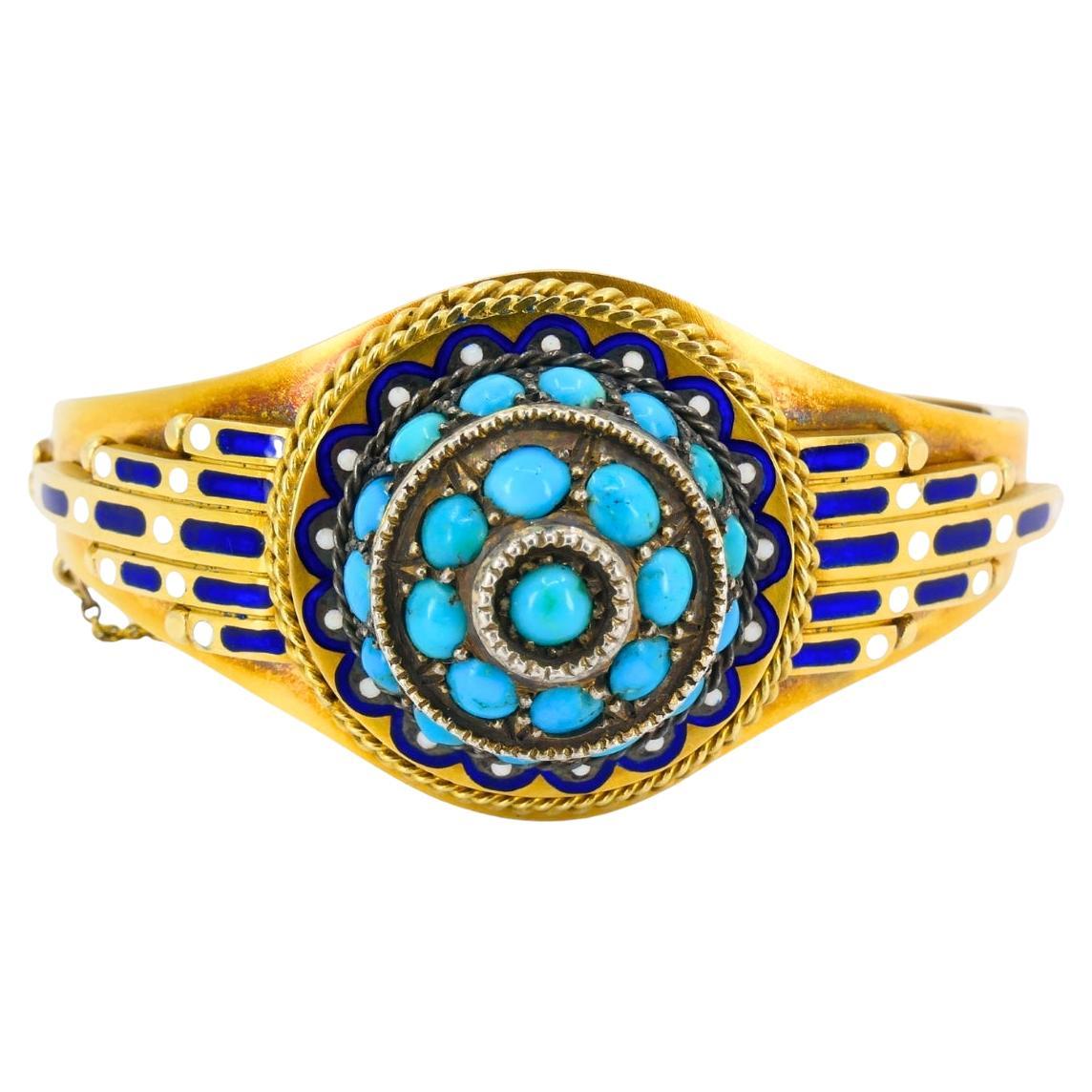 Bracelet Vintage Turquoise Enamel Bangle 14k Gold Silver Accents