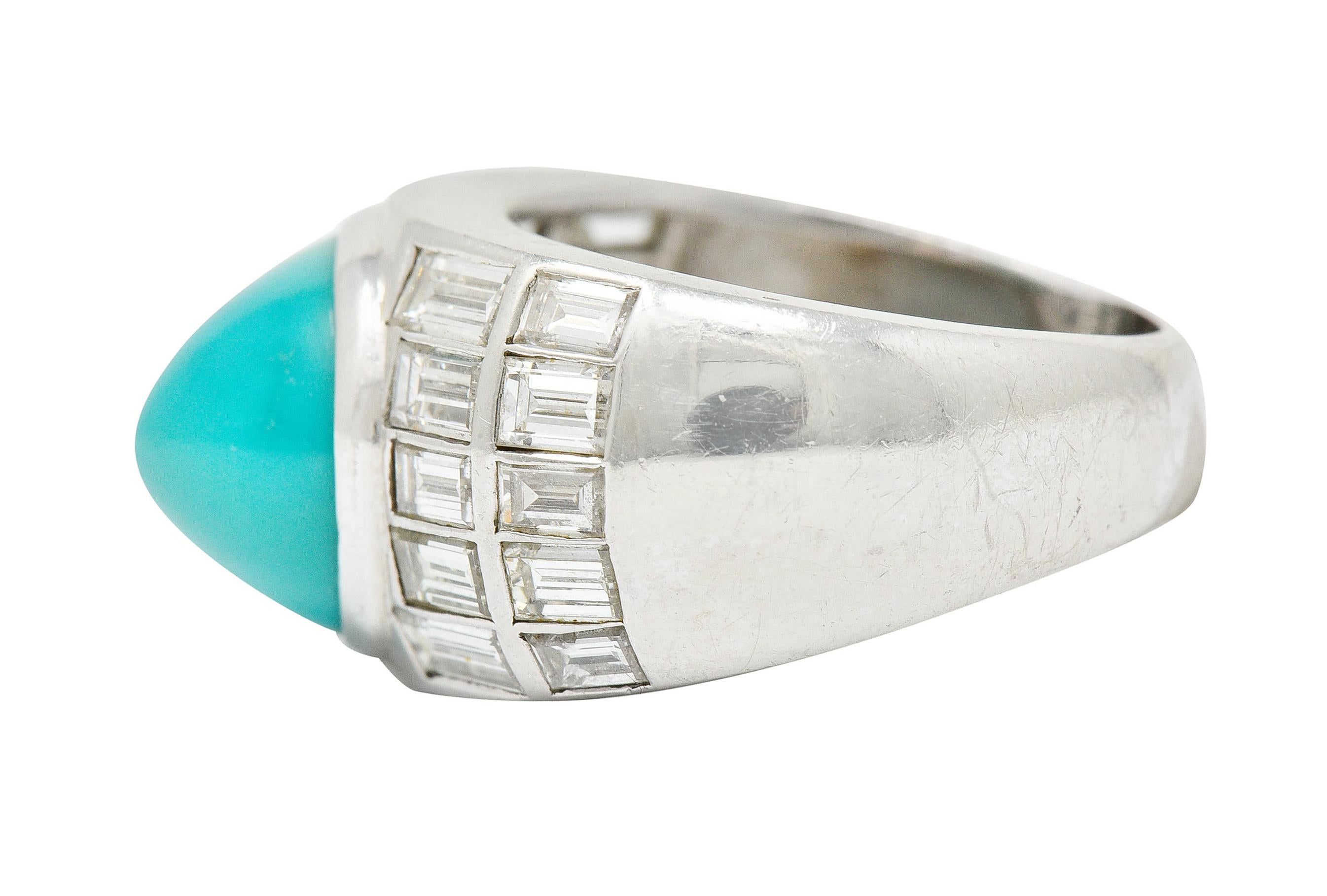 Women's or Men's Vintage Turquoise Cabochon 2.50 Carats Diamond Platinum Band Ring