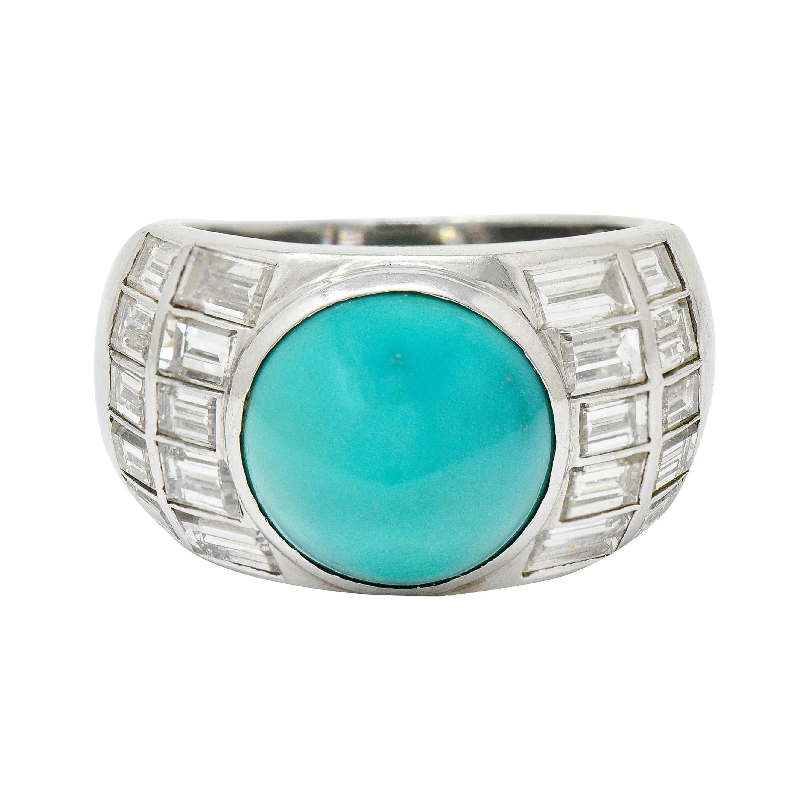 Vintage Turquoise Cabochon 2.50 Carats Diamond Platinum Band Ring