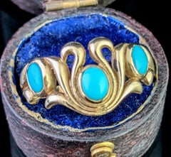 Vintage Turquoise cabochon cocktail ring, 9k yellow gold, fancy scroll