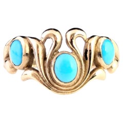 Vintage Turquoise cabochon cocktail ring, 9k yellow gold, fancy scroll