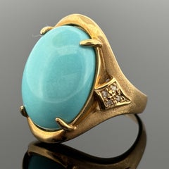 Vintage Turquoise Cabochon & Diamond Ring 18k Yellow Gold