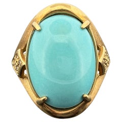 Vintage Turquoise Cabochon & Diamond Ring 18k Yellow Gold