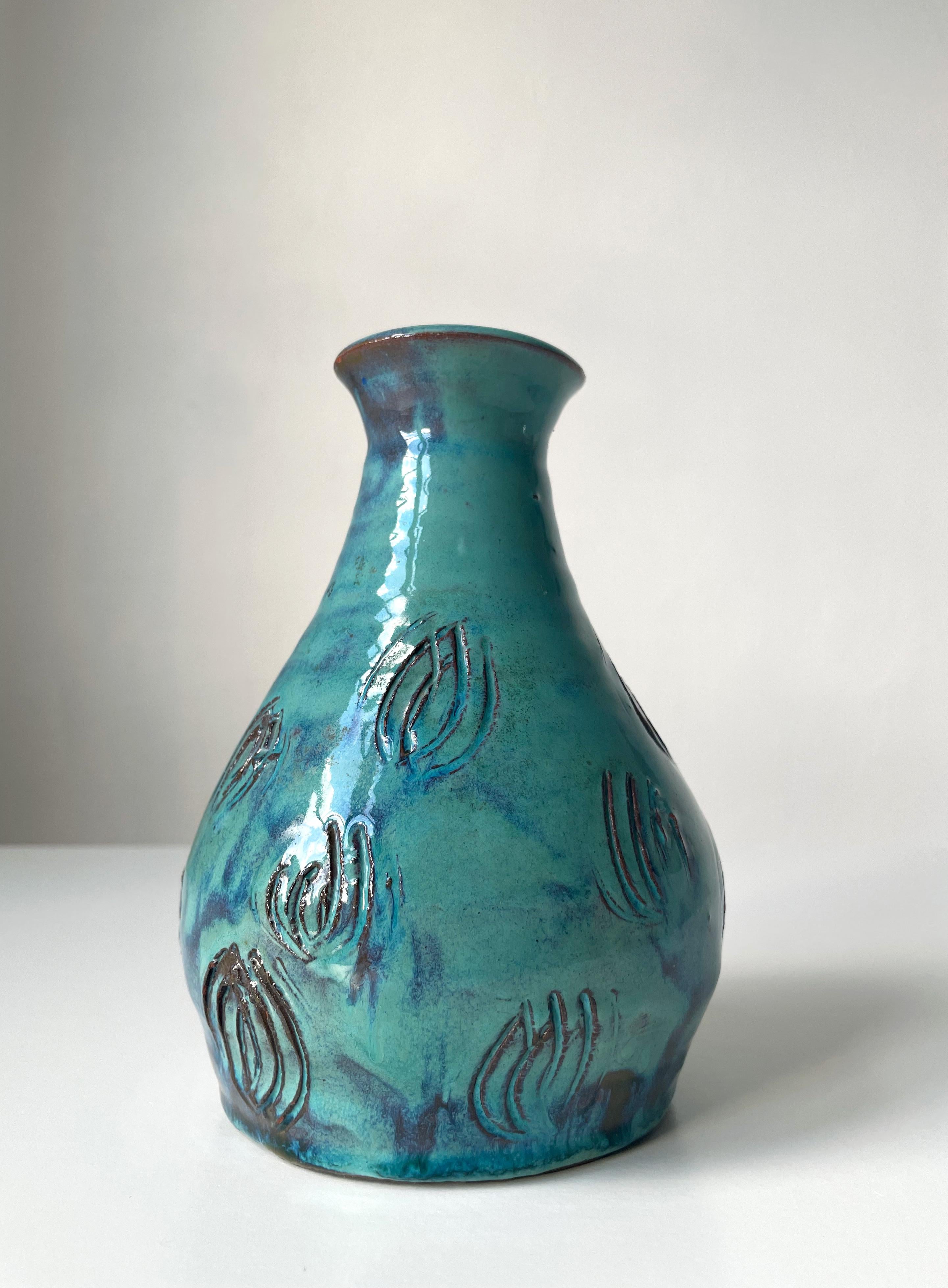 Mid-Century Modern Vintage Handmade Turquoise Ceramic Vase with Organic Decor, 1960s