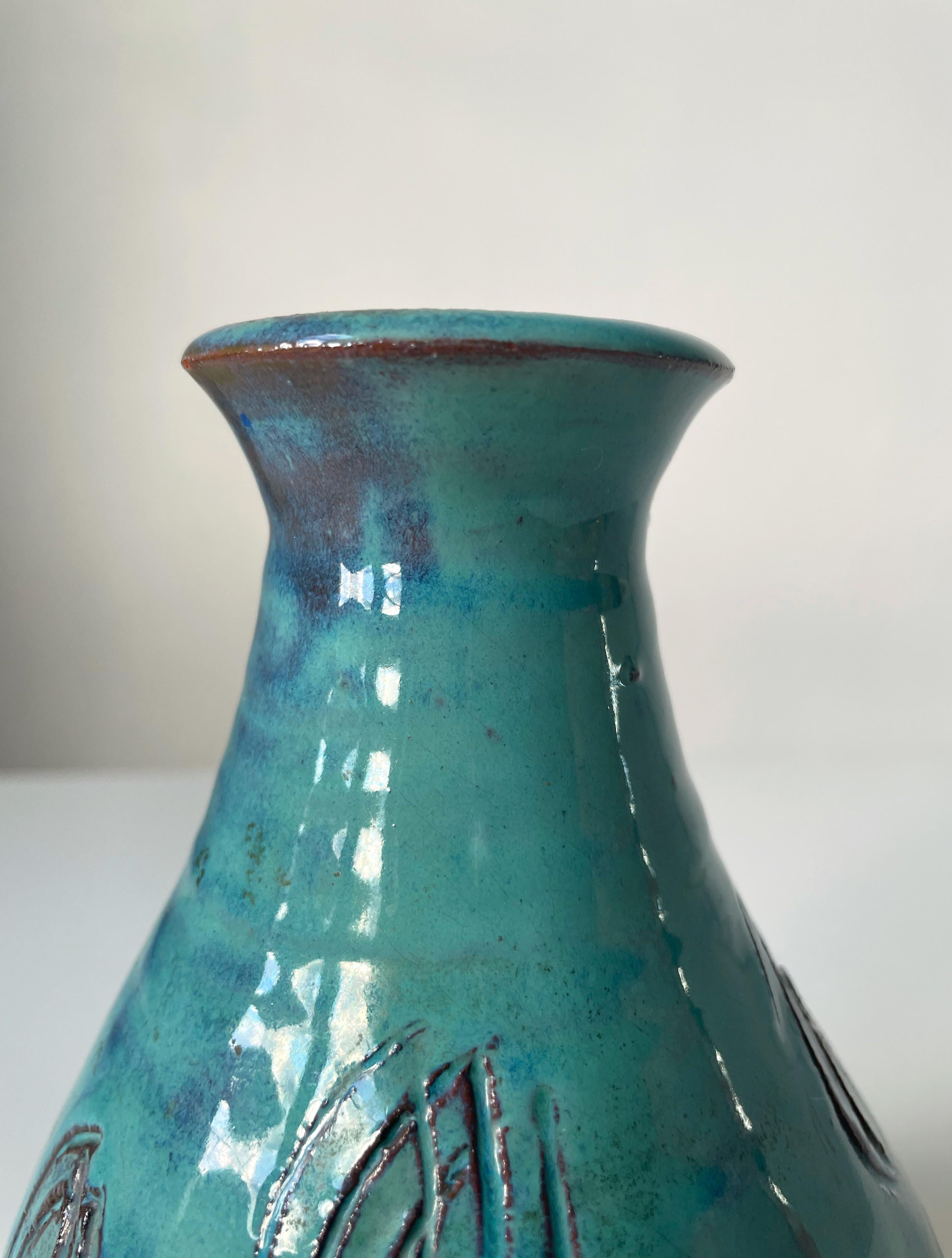 Scandinavian Vintage Handmade Turquoise Ceramic Vase with Organic Decor, 1960s
