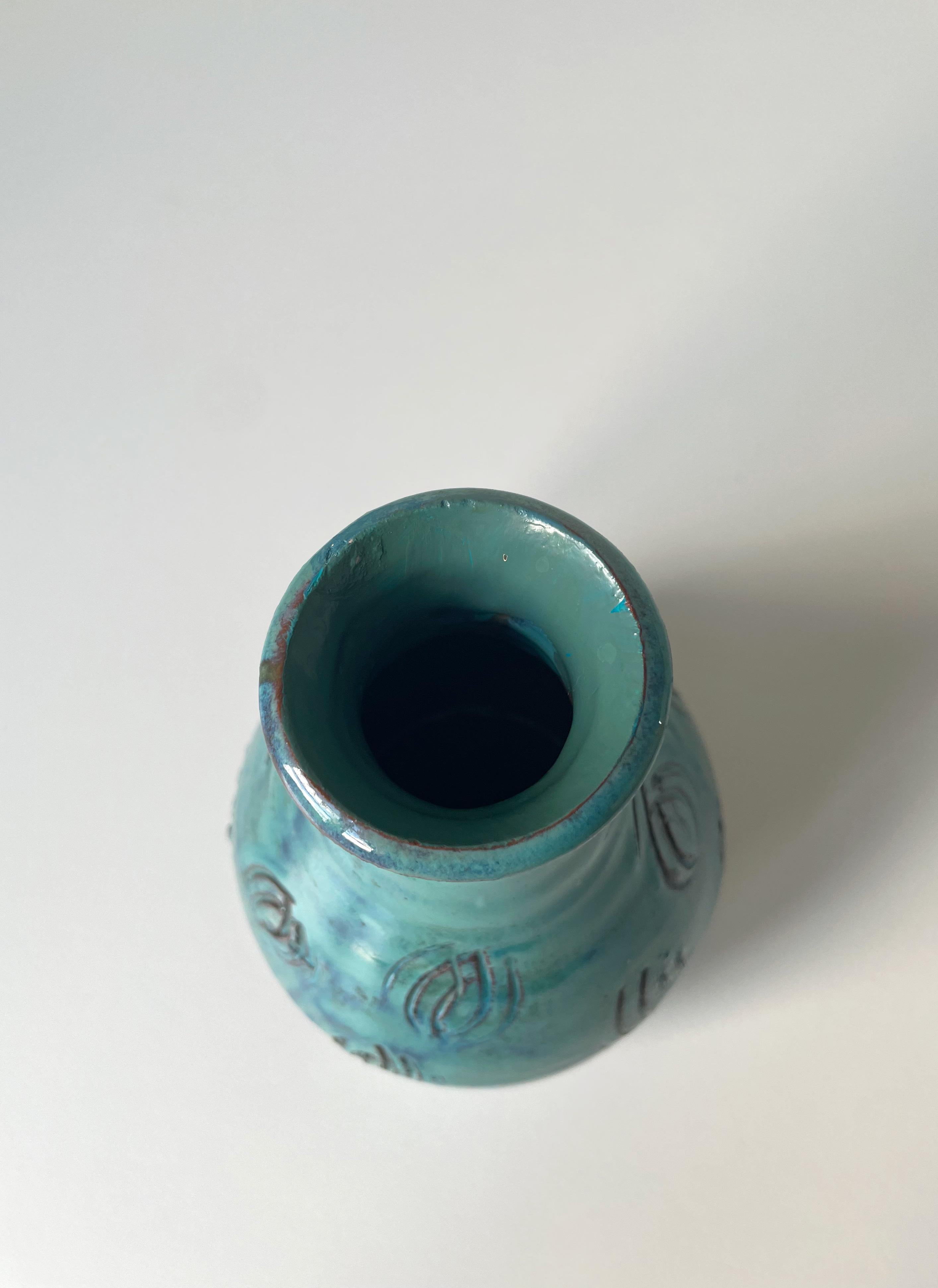 Hand-Crafted Vintage Handmade Turquoise Ceramic Vase with Organic Decor, 1960s