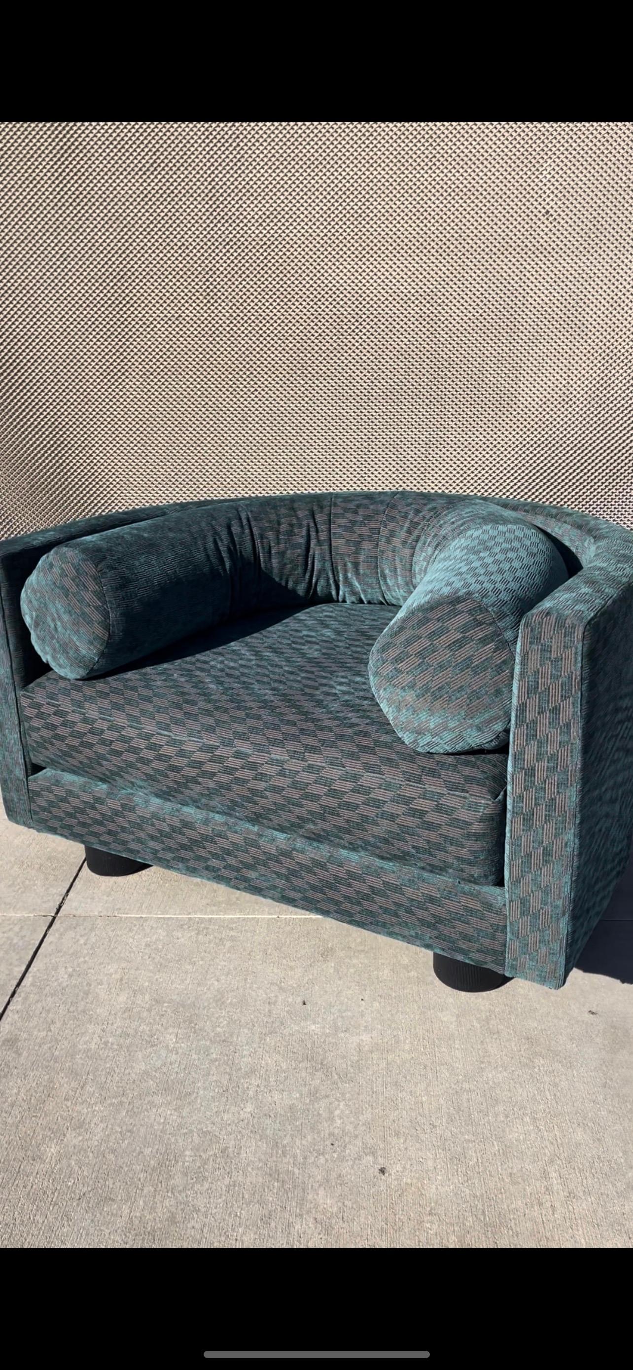 Vintage Turquoise Checkered Velvet Barrel Chair For Sale 1