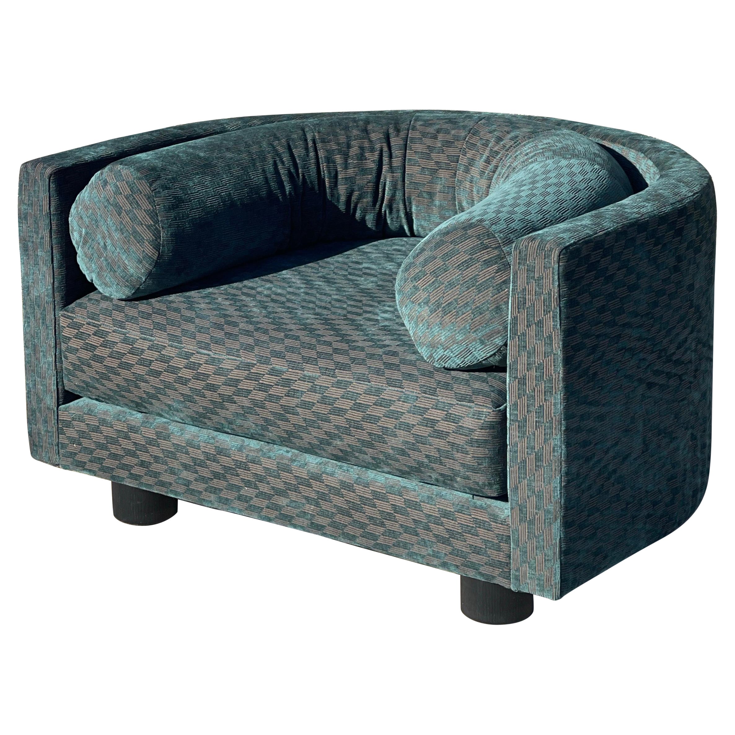 Vintage Turquoise Checkered Velvet Barrel Chair