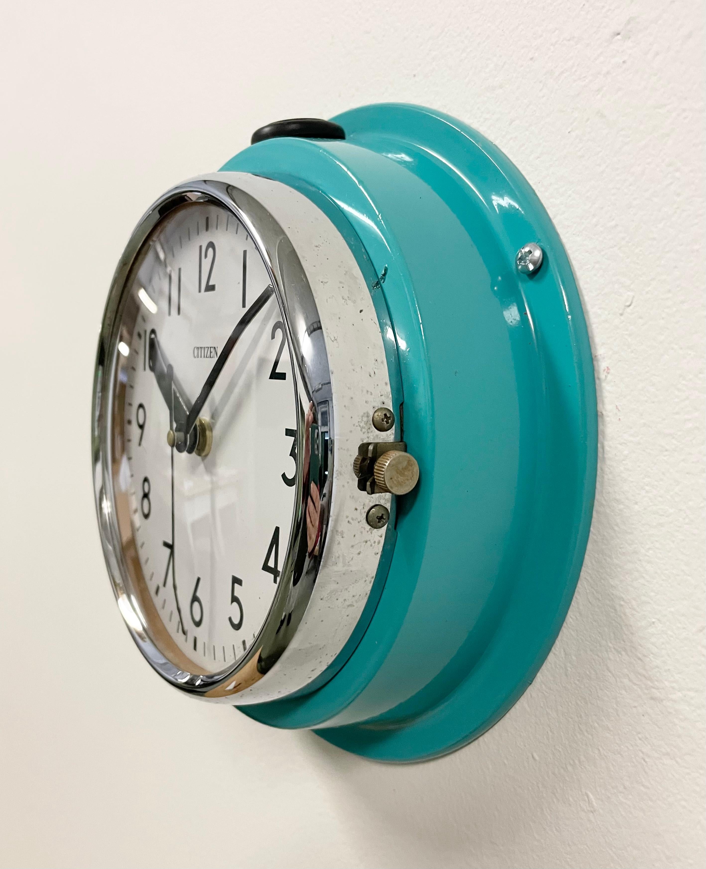 Industrial Vintage Turquoise Citizen Navy Wall Clock, 1970s