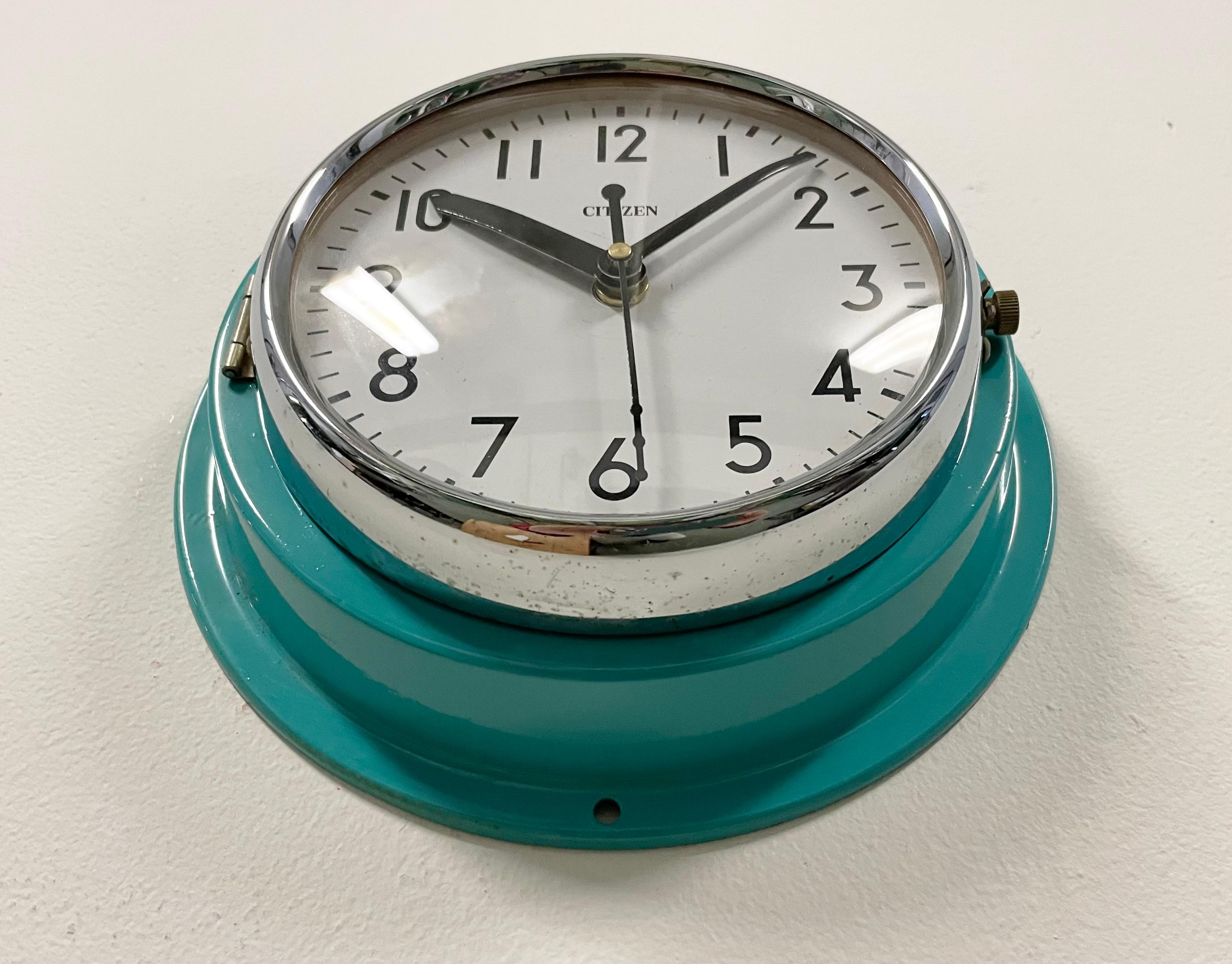 Lacquered Vintage Turquoise Citizen Navy Wall Clock, 1970s