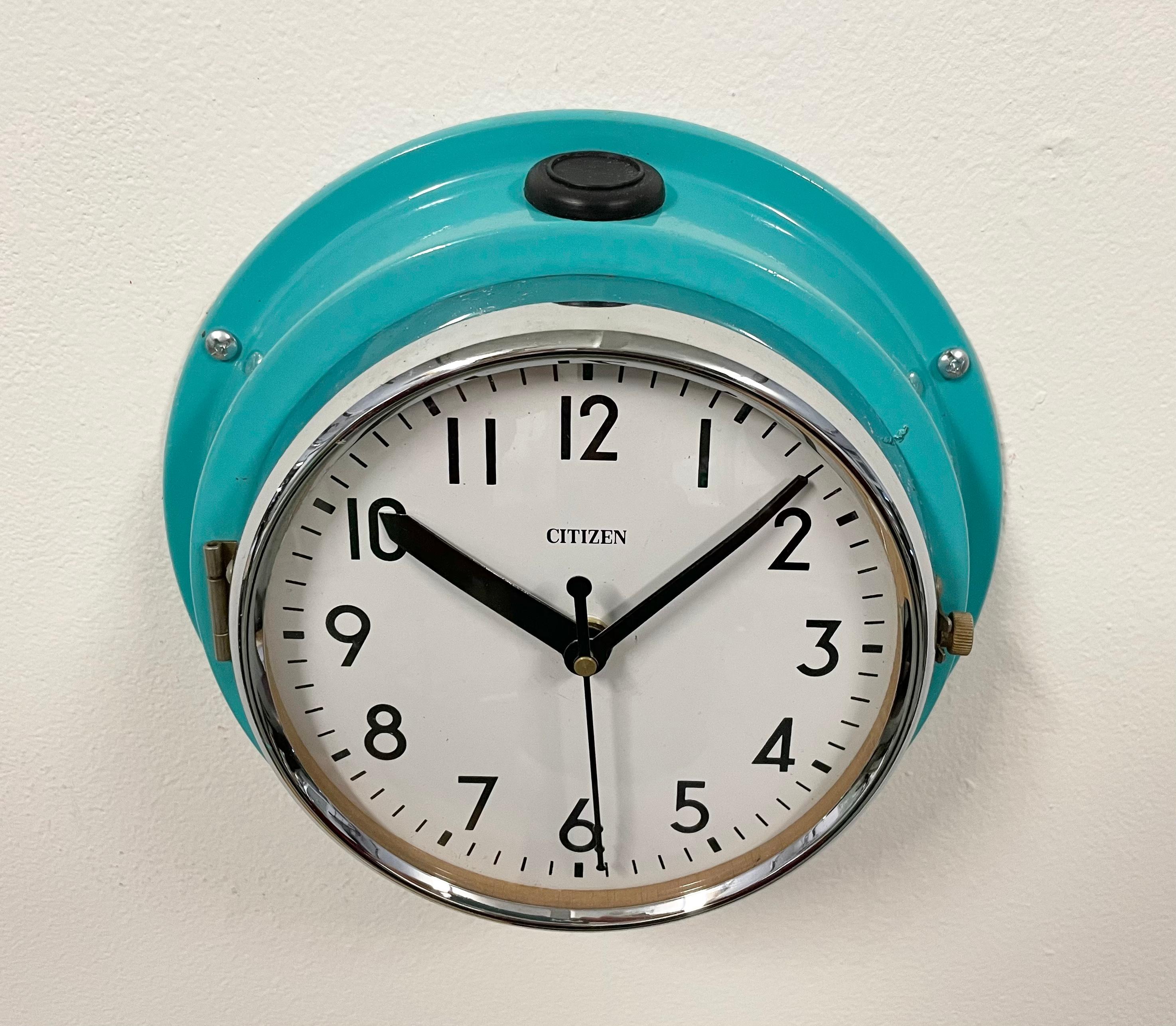Vintage Turquoise Citizen Navy Wall Clock, 1970s In Good Condition In Kojetice, CZ