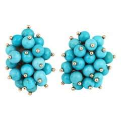 Vintage Turquoise Cluster Earrings 14 Karat Gold Clip-On Estate Fine Jewelry