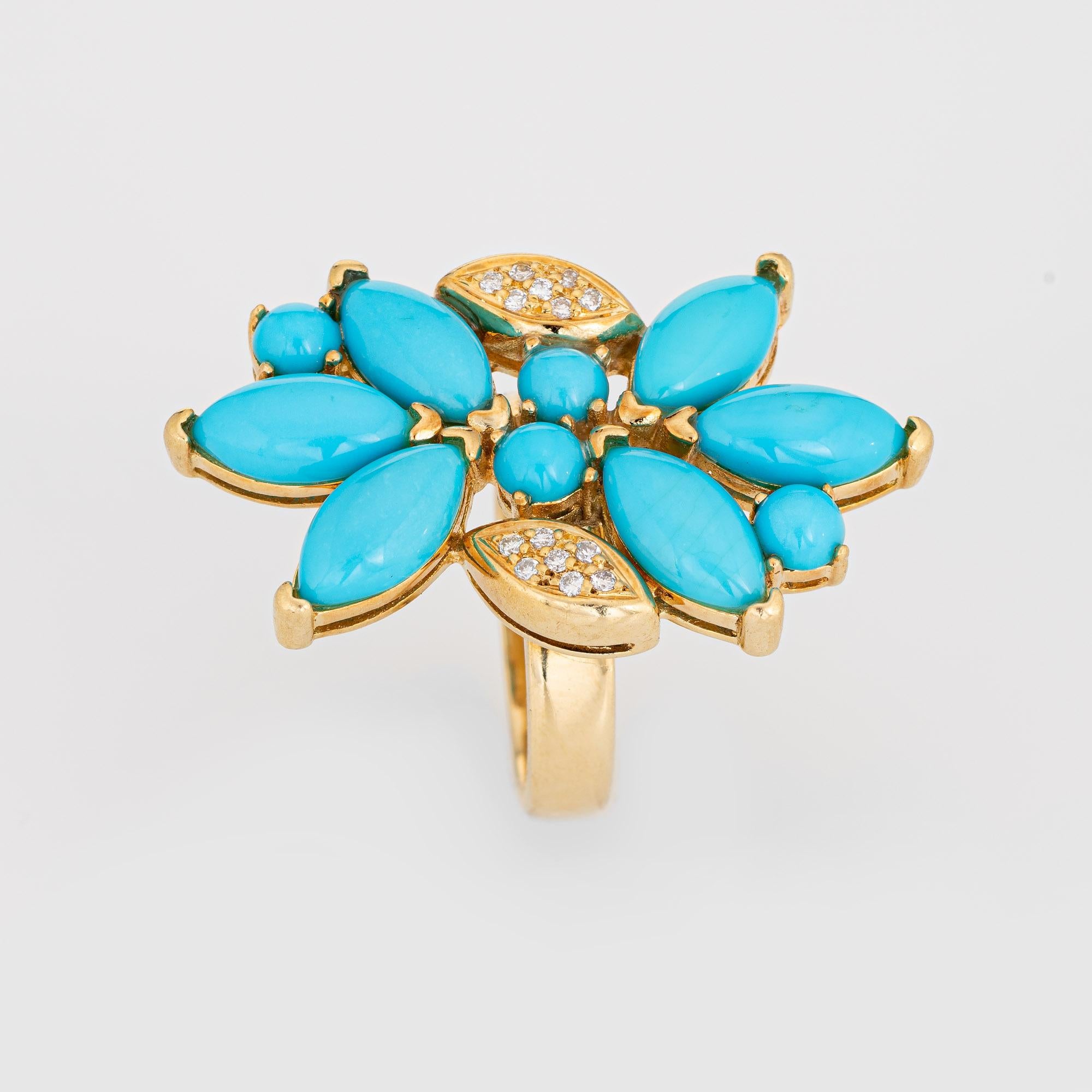 Stylish vintage turquoise & diamond cluster ring (circa 1980s to 1990s) crafted in 18 karat yellow gold. 

Turquoise cabochons measure from 9mm x 5mm to 5mm. Diamonds total an estimated 0.07 carats (estimated at H-I color and VS2-I2 clarity). The