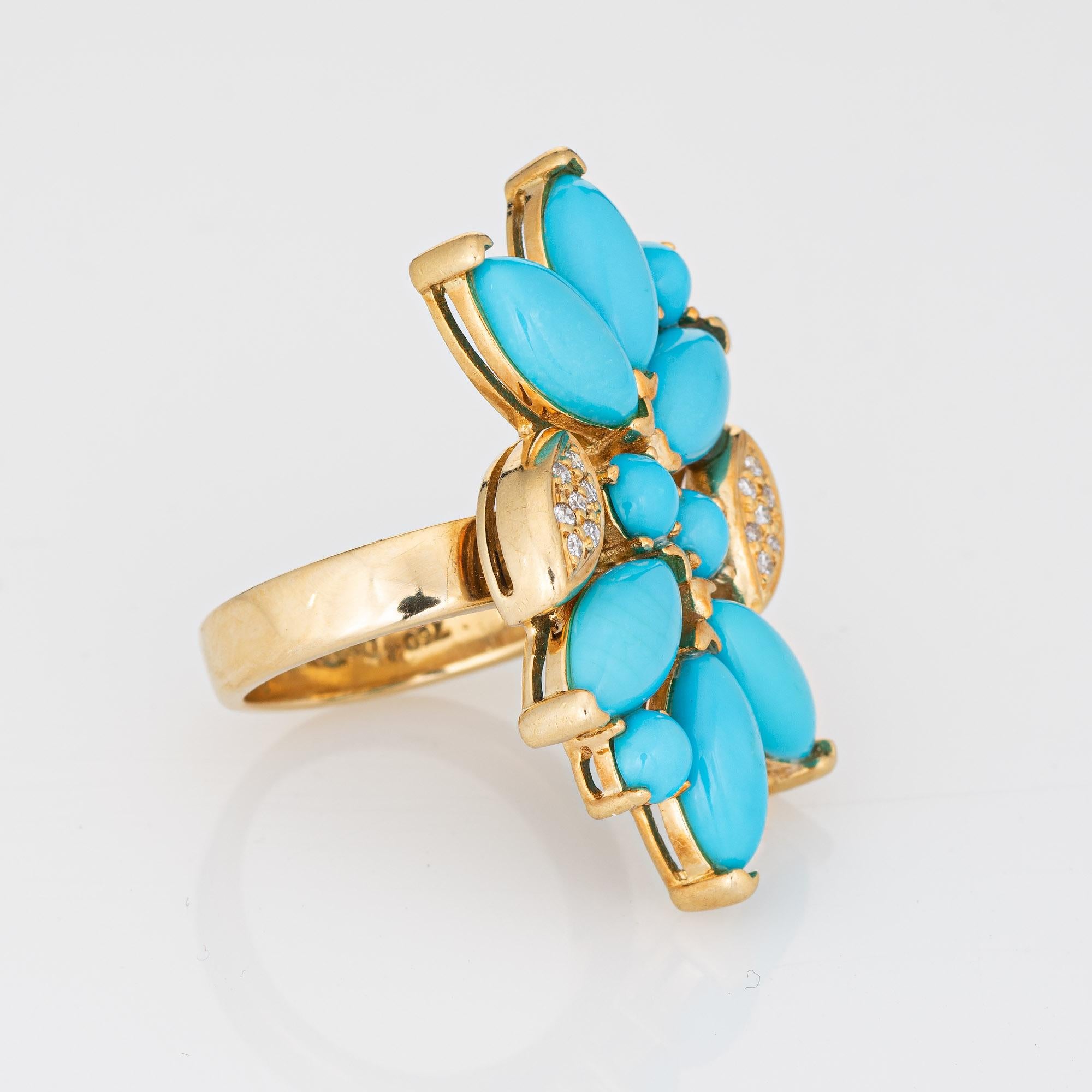 Modern Vintage Turquoise Cluster Ring Diamond 18k Yellow Gold Large Cocktail Spray For Sale