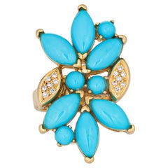 Vintage Turquoise Cluster Ring Diamond 18k Yellow Gold Large Cocktail Spray