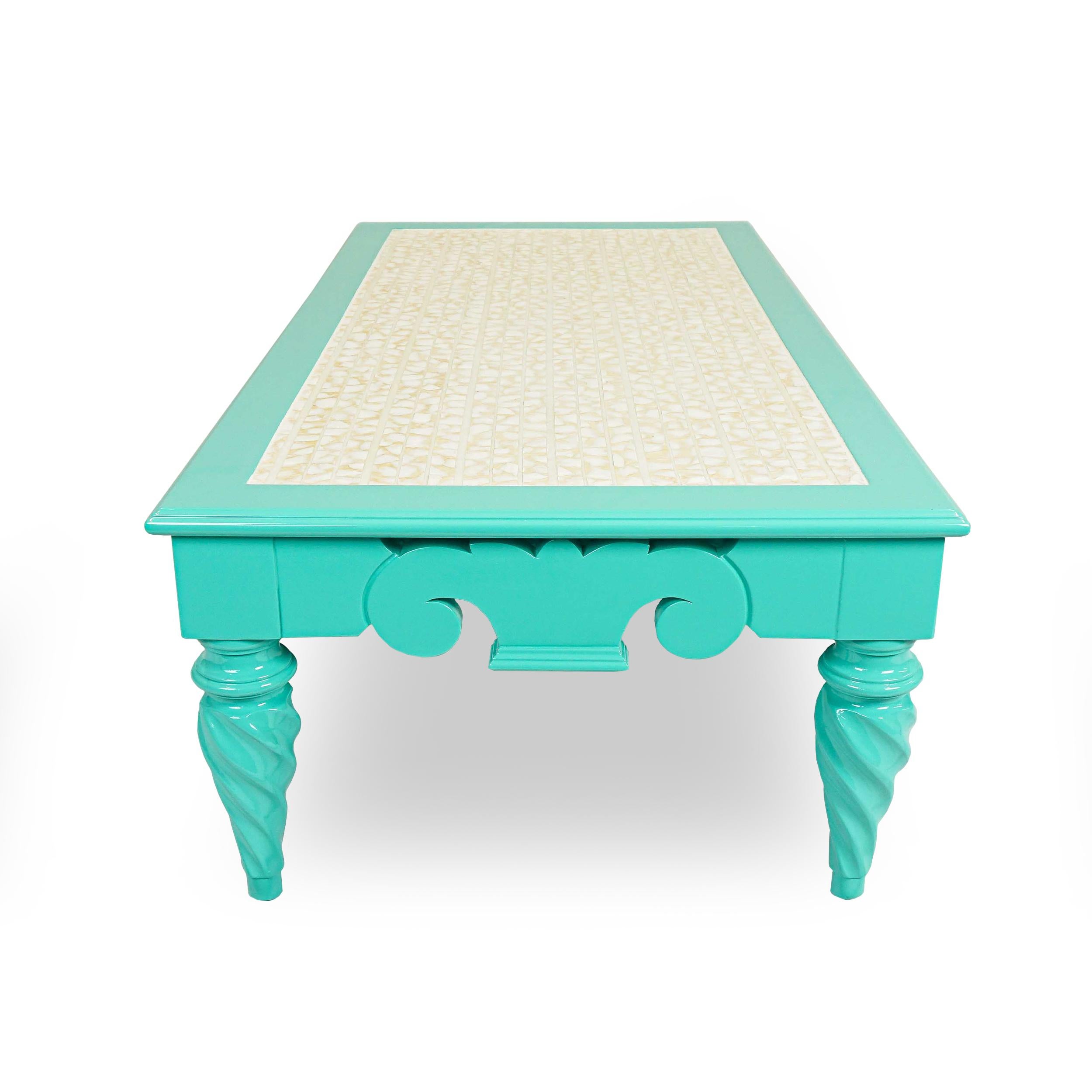 Lacquered Vintage Turquoise Mother-of-Pearl Coffee Table For Sale