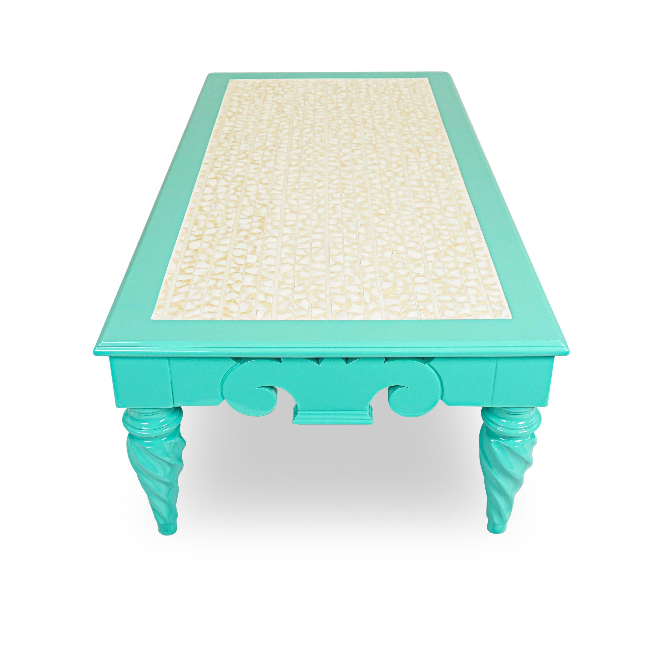 Vintage Turquoise Mother-of-Pearl Coffee Table In Excellent Condition For Sale In Greenwich, CT