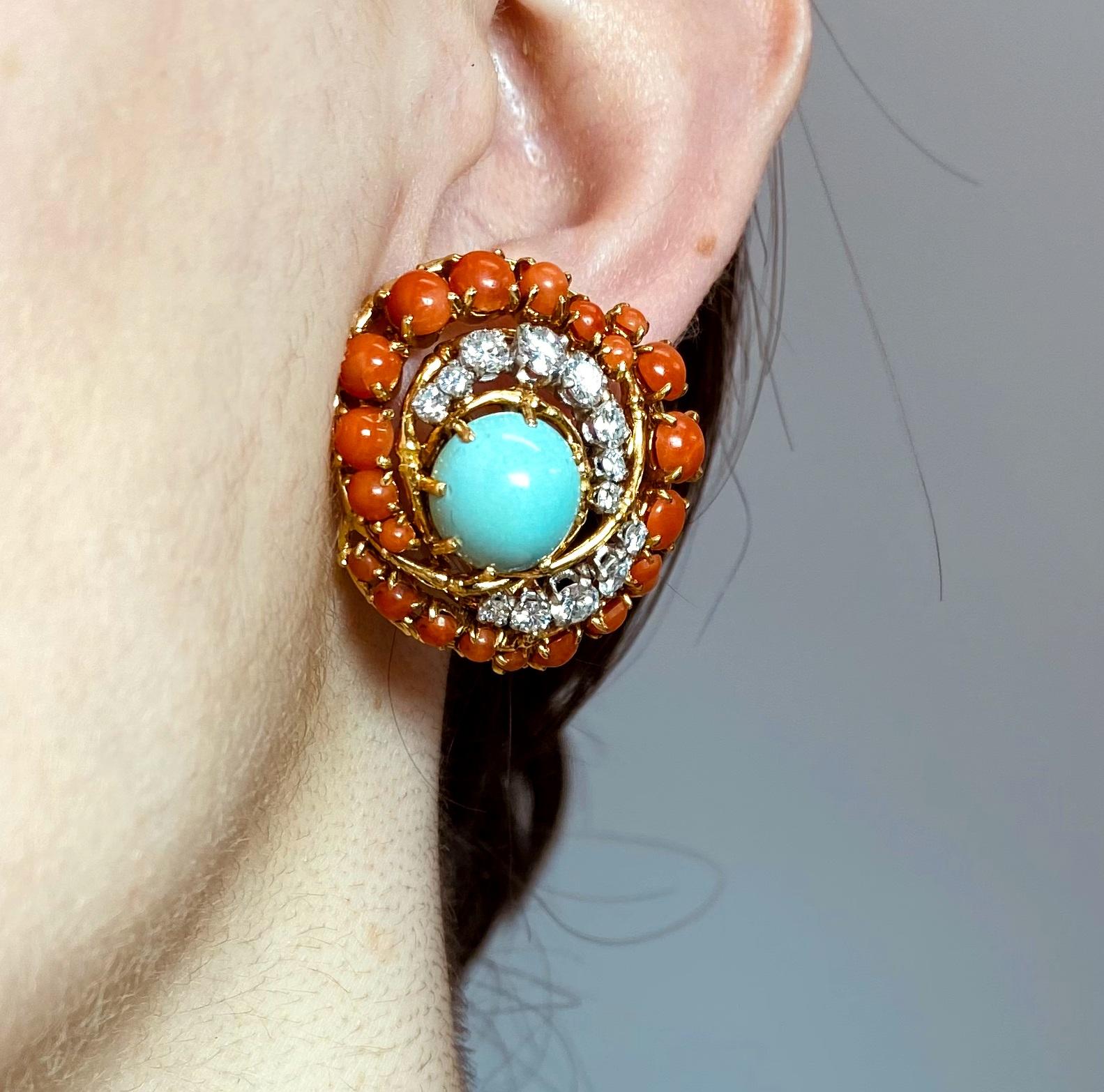 Cabochon Vintage Turquoise, Coral and Diamond Ear Clips